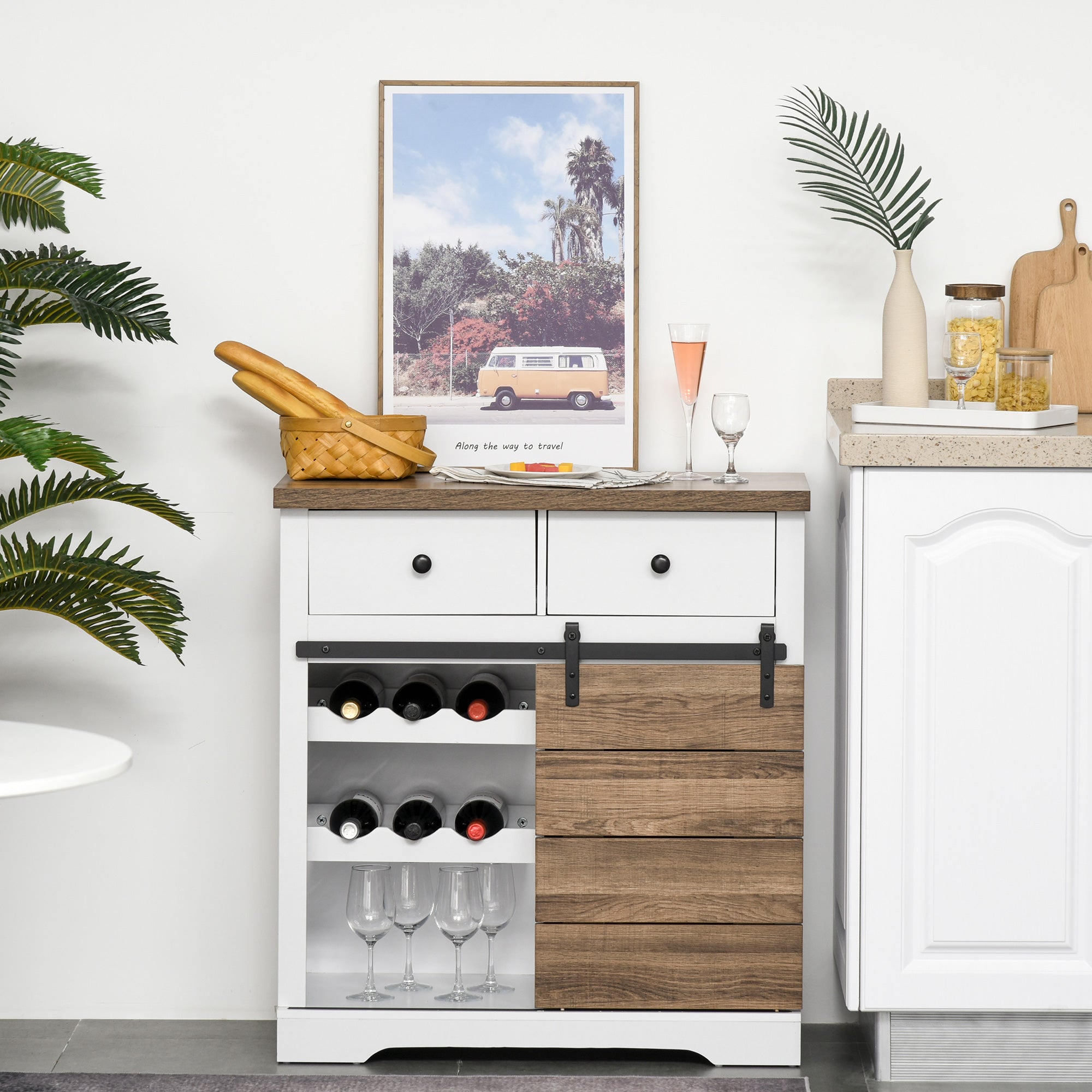 HOMCOM Buffet Cabinet with 6-Bottle Wine Cabinet, Farmhouse Sideboard with Sliding Barn Door, 2 Drawers and Shelves, Coffee Bar Cabinet with Wine Racks for Kitchen, White