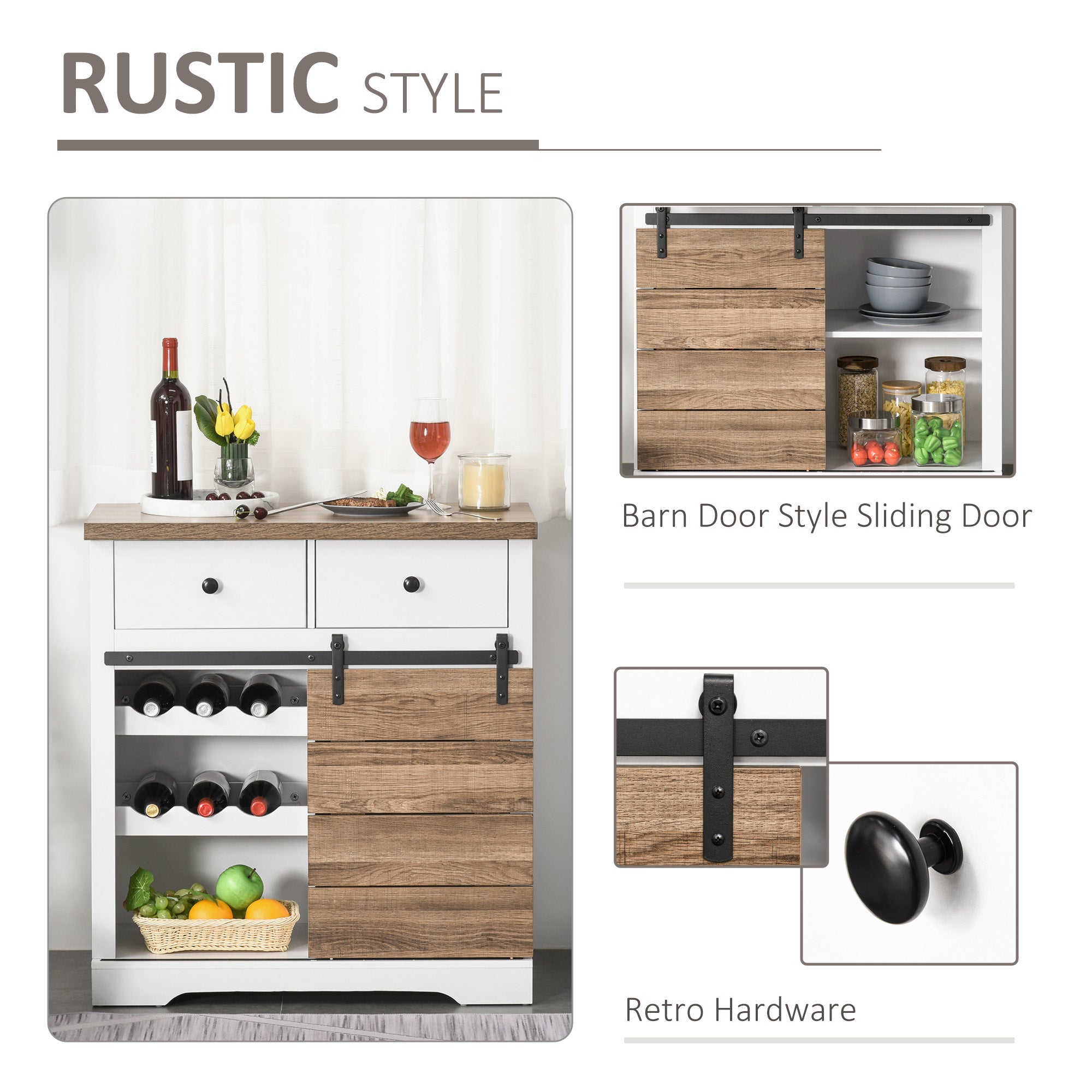 HOMCOM Buffet Cabinet with 6-Bottle Wine Cabinet, Farmhouse Sideboard with Sliding Barn Door, 2 Drawers and Shelves, Coffee Bar Cabinet with Wine Racks for Kitchen, White