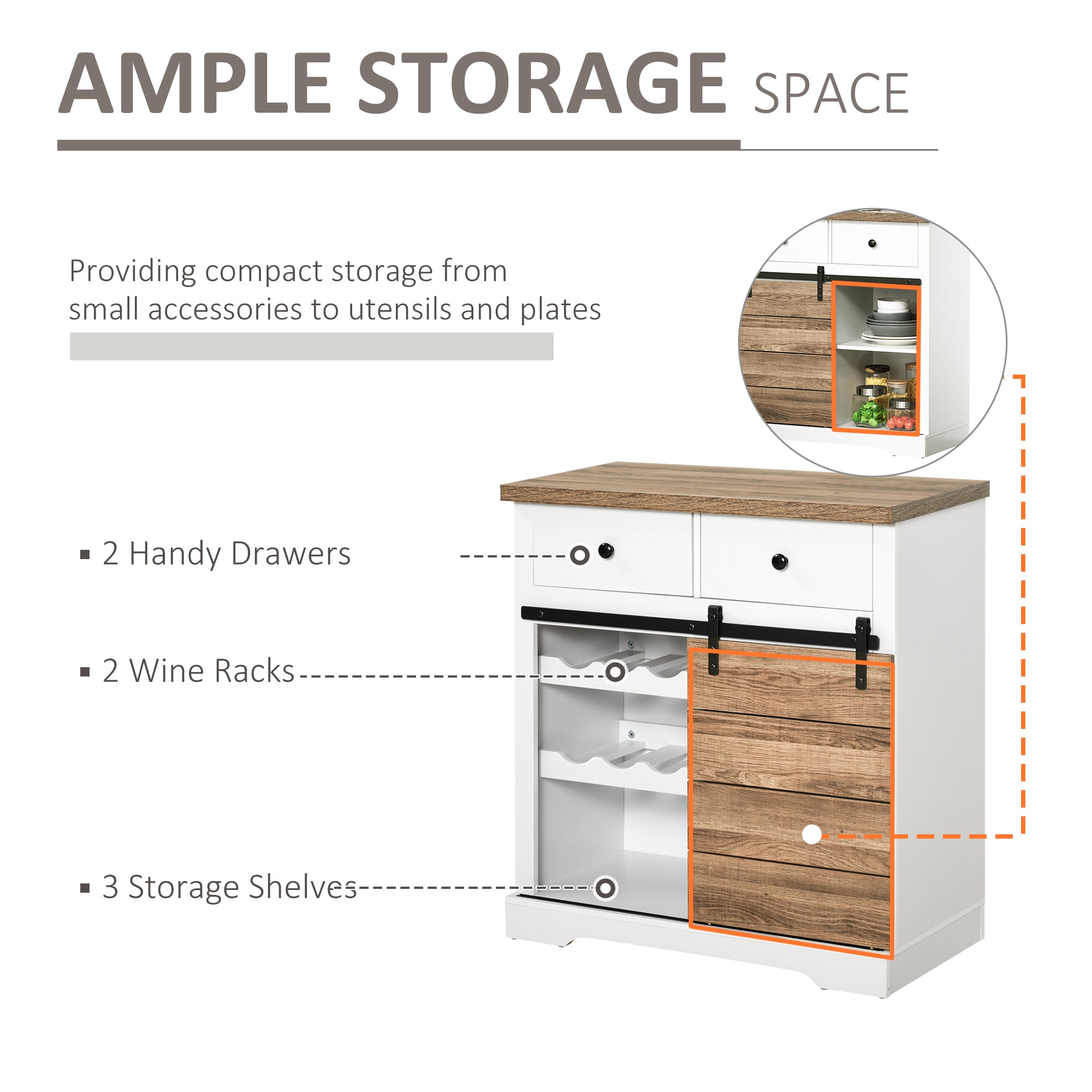 HOMCOM Buffet Cabinet with 6-Bottle Wine Cabinet, Farmhouse Sideboard with Sliding Barn Door, 2 Drawers and Shelves, Coffee Bar Cabinet with Wine Racks for Kitchen, White