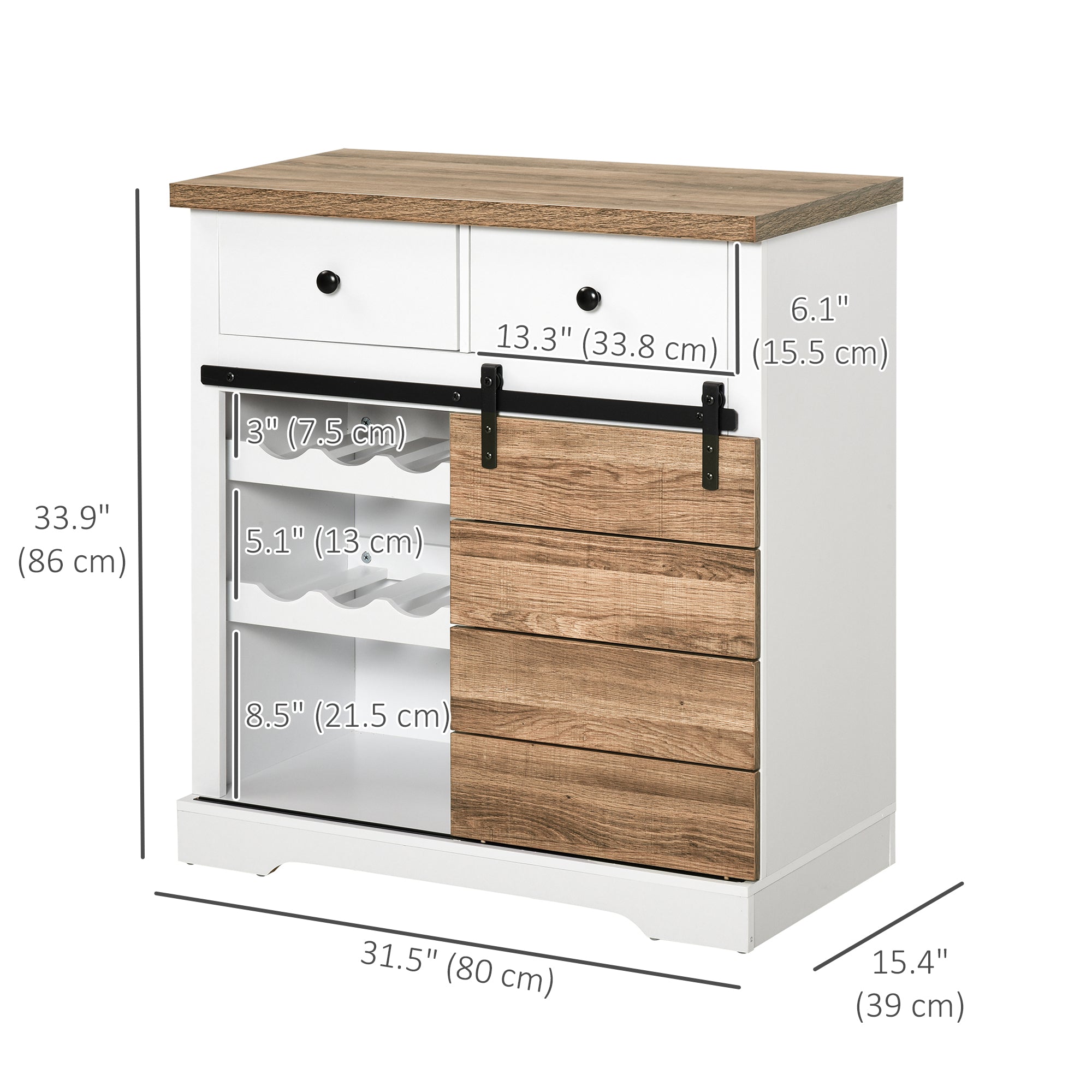 HOMCOM Buffet Cabinet with 6-Bottle Wine Cabinet, Farmhouse Sideboard with Sliding Barn Door, 2 Drawers and Shelves, Coffee Bar Cabinet with Wine Racks for Kitchen, White