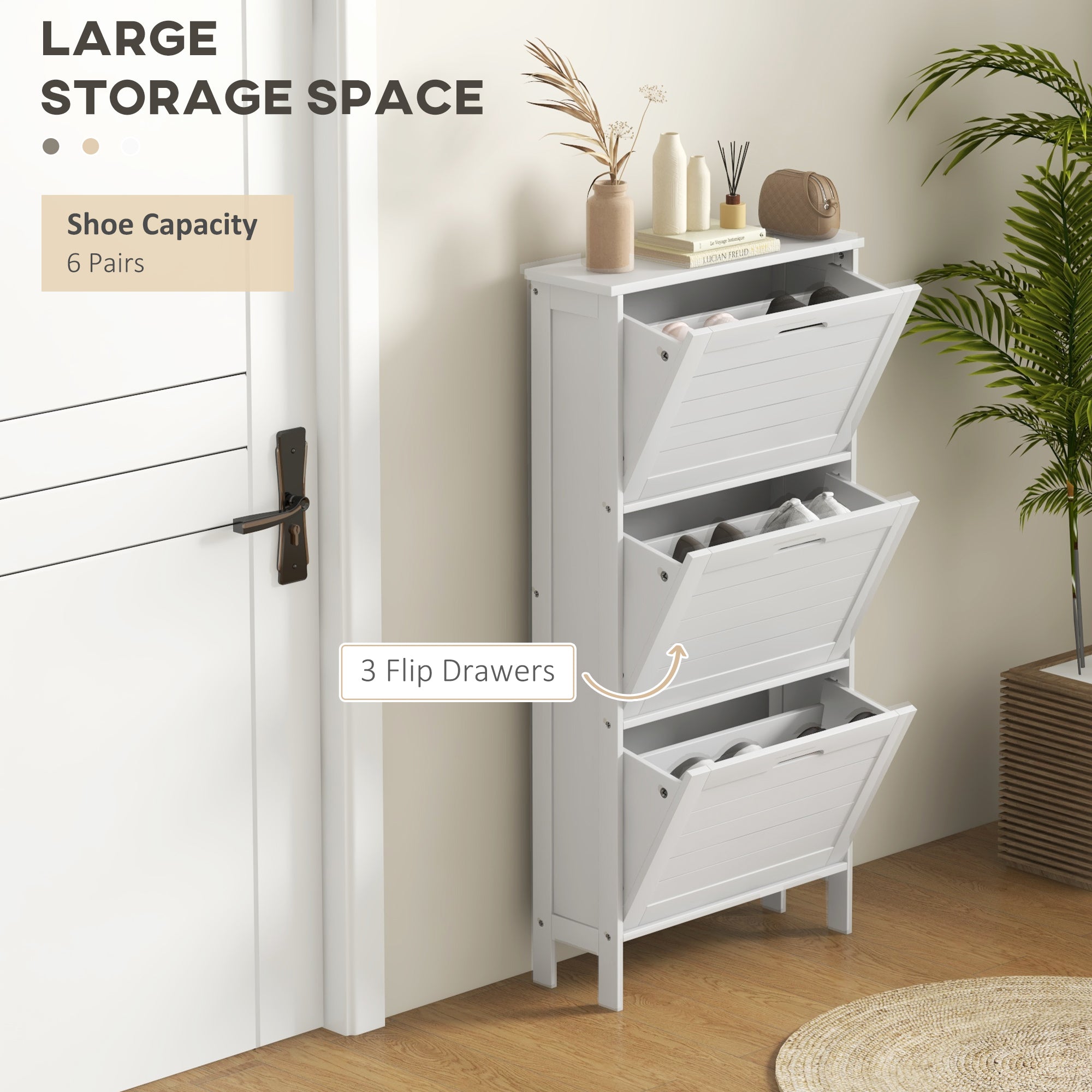 Shoe Storage Cabinet with 3 Flip Drawers and Louvered Doors for 6 Pairs of Shoes, White