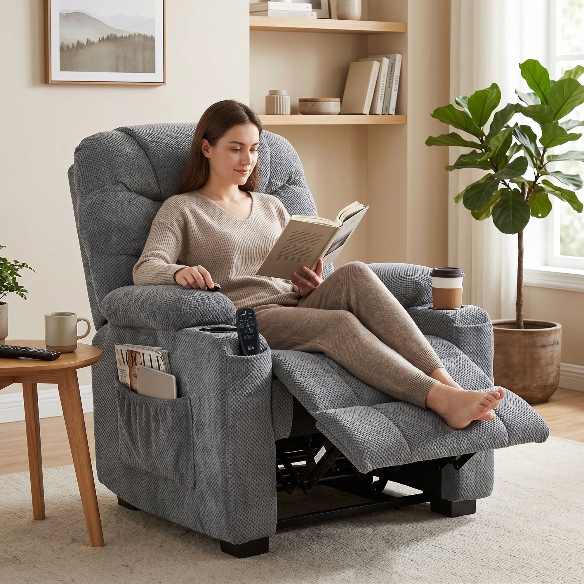 Recliner Armchair with Vibration Massage, Heat, Whisper-Quiet Motor, Memory Function, Fleece Power Reclining Chair with Spring Pack, USB Port, Footrest, Side Pockets, Cup Holders, Dark Grey