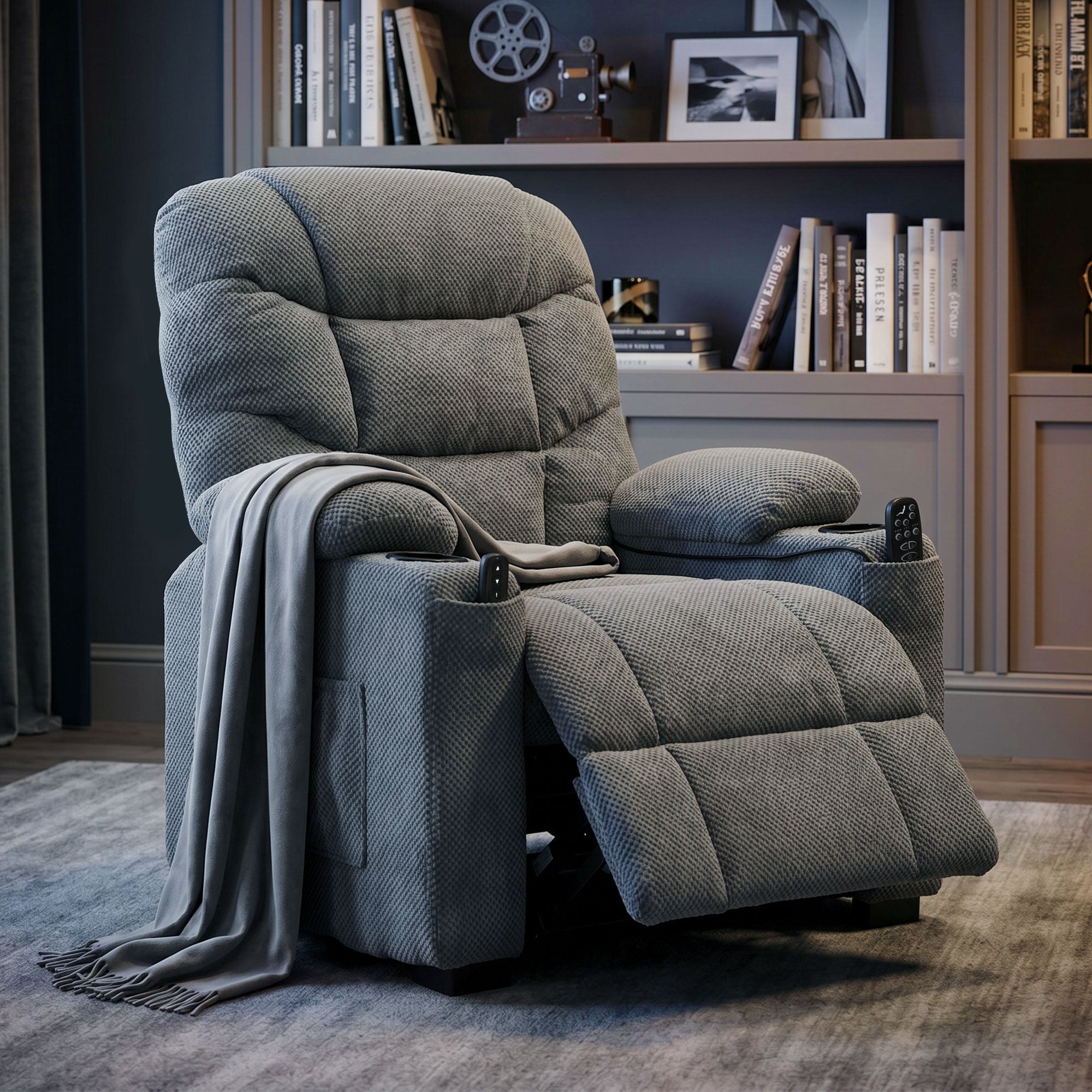Recliner Armchair with Vibration Massage, Heat, Whisper-Quiet Motor, Memory Function, Fleece Power Reclining Chair with Spring Pack, USB Port, Footrest, Side Pockets, Cup Holders, Dark Grey