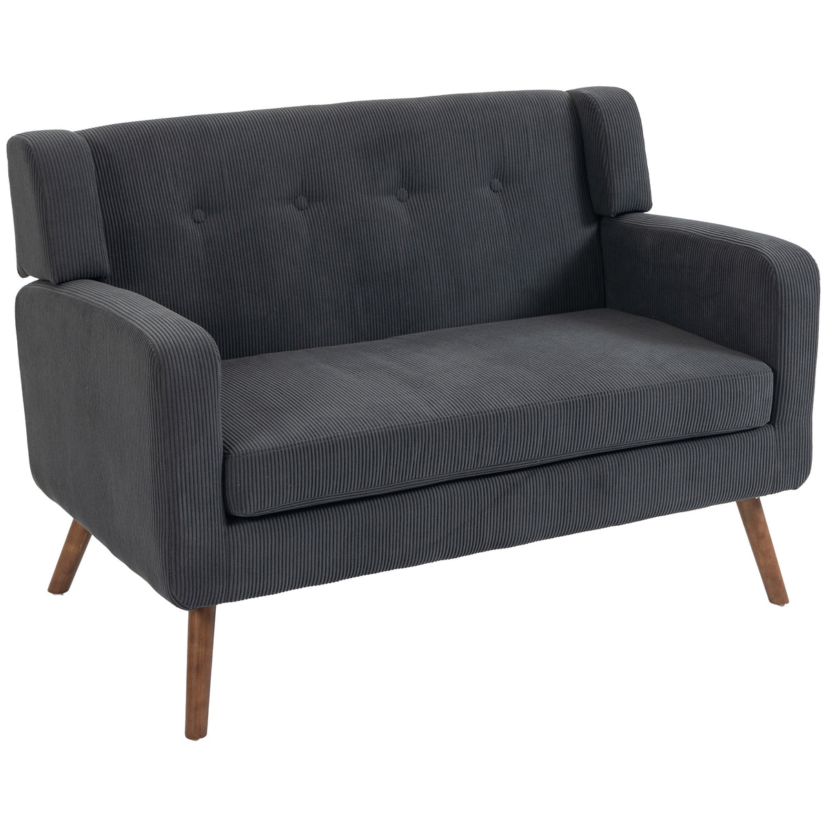 2 Seater Sofa, 118 cm Corduroy Small Sofa with Spring Cushion, Compact Tufted Loveseat Sofa Settee with Wooden Legs for Small Space, Living Room, Bedroom, Home Office, Dark Grey