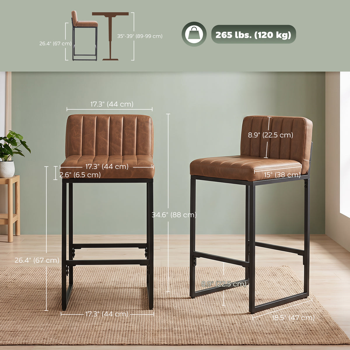 Bar Stools Set of 2, Retro Padded Counter Height Stools with Back and Metal Leg, Vintage PU Leather, Easy-Clean Kitchen Chairs, Brown