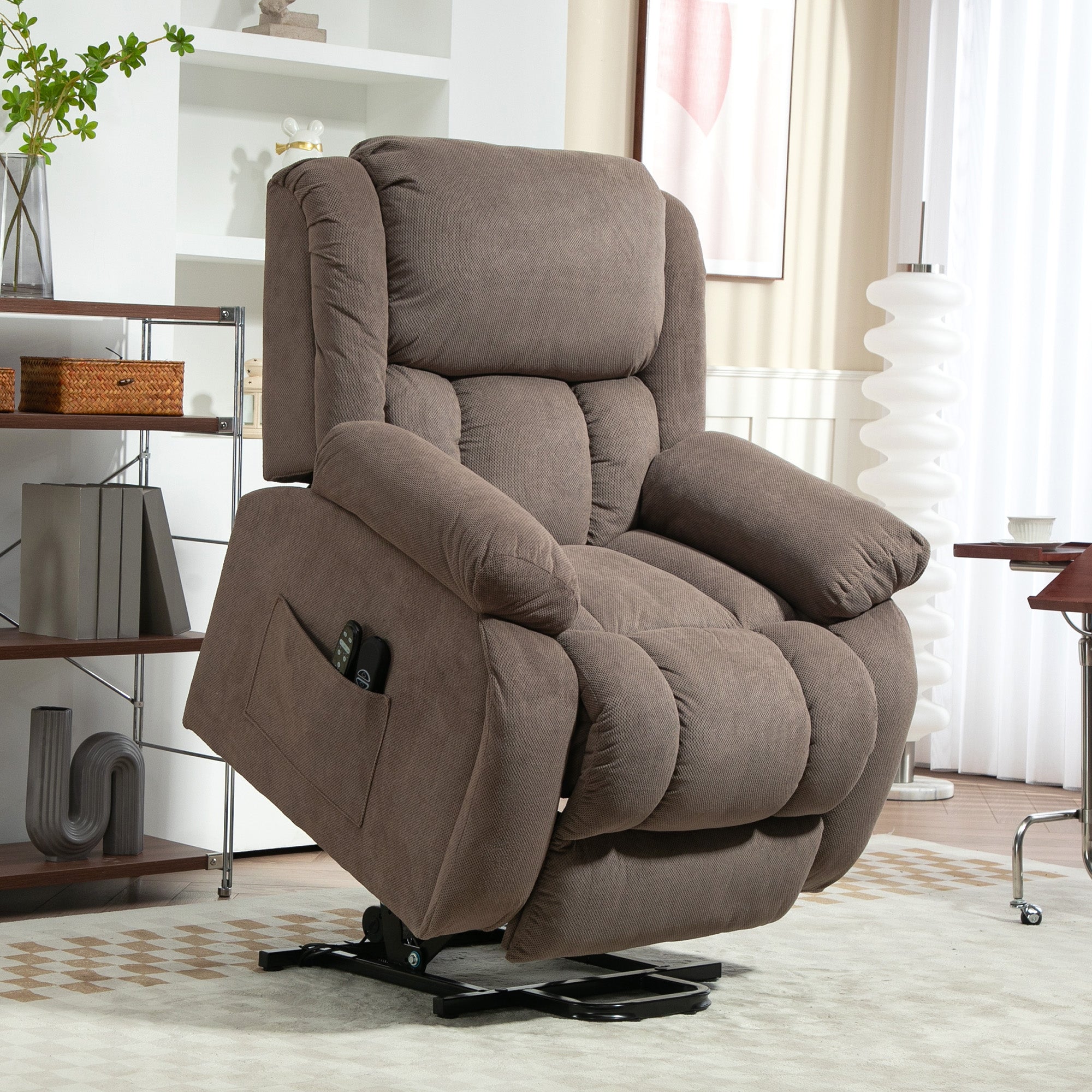 Recliner Armchair Lift Chair with Vibration Massage and Heat, Velvet-feel Fabric Electric Riser Recliner Chair for Elderly with Wide Seat, USB Port, Side Pockets for Living Room, Light Brown