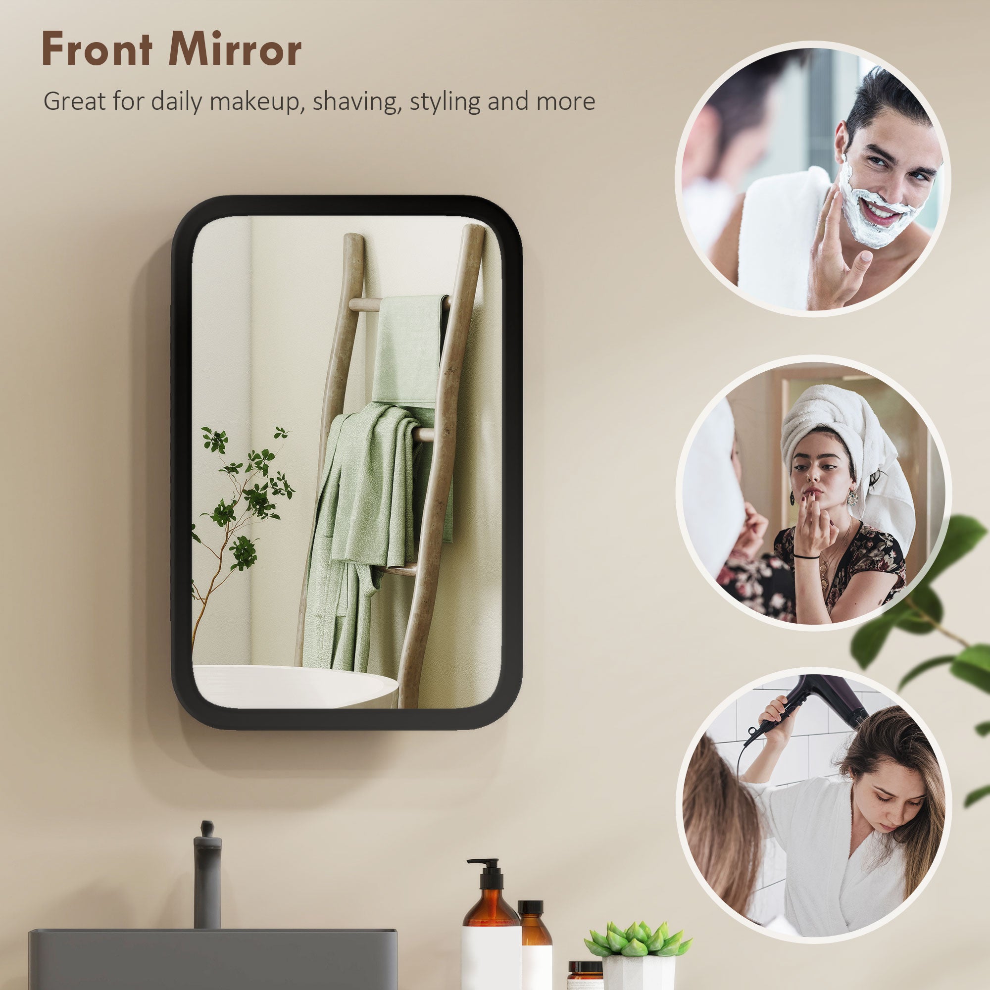 Bathroom Medicine Cabinet with Tempered Mirror, Metal Bathroom Mirror Cabinet Wall Mounted with 3 Shelves and 180° Swing Door for Hallway or Bathroom, Black