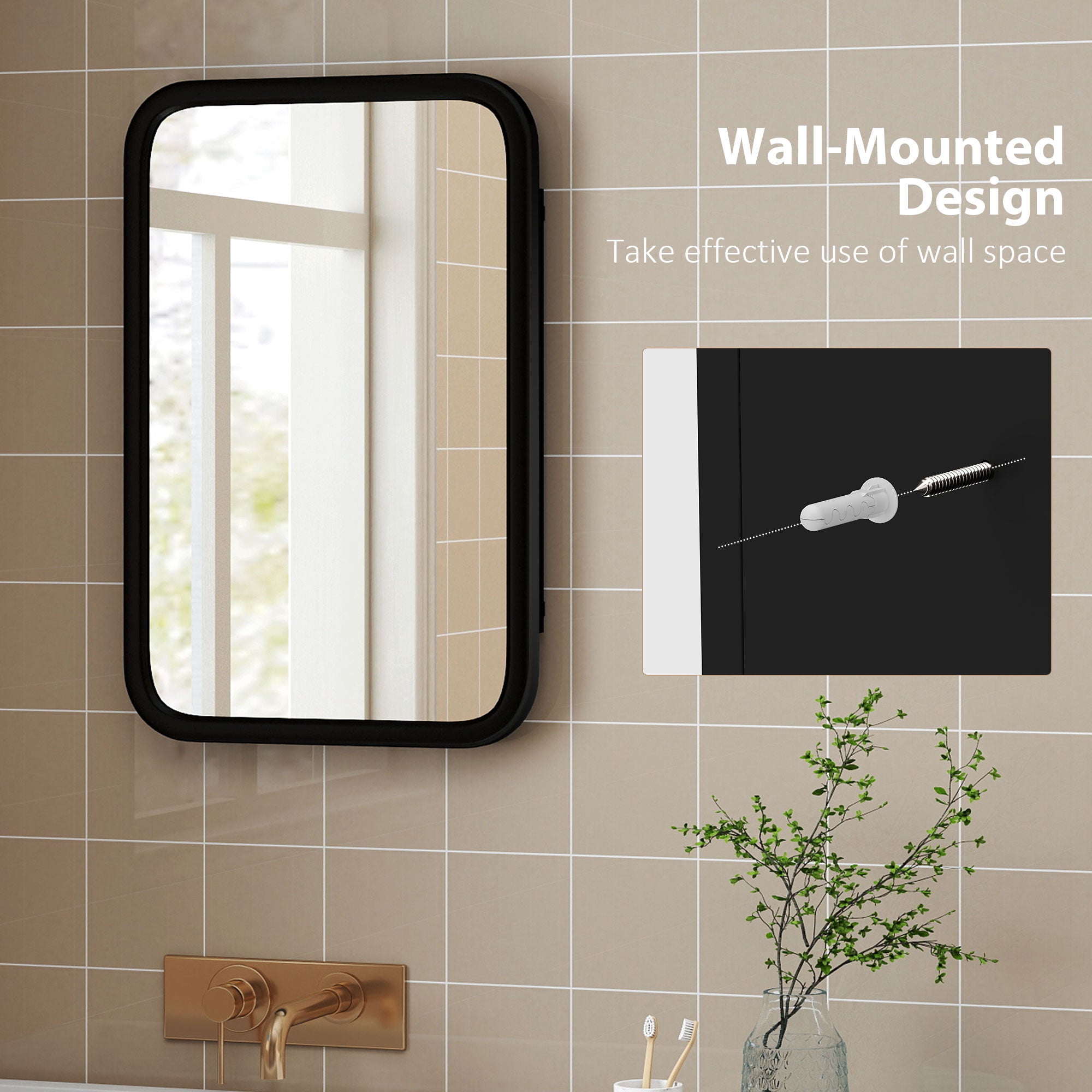 Bathroom Medicine Cabinet with Tempered Mirror, Metal Bathroom Mirror Cabinet Wall Mounted with 3 Shelves and 180° Swing Door for Hallway or Bathroom, Black