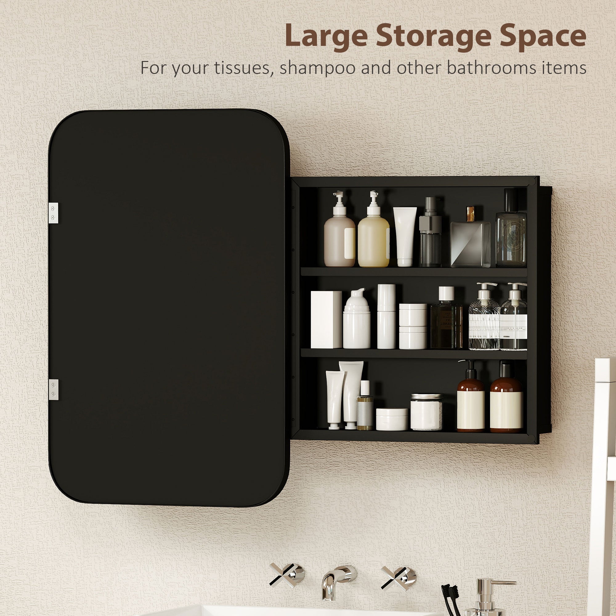 Bathroom Medicine Cabinet with Tempered Mirror, Metal Bathroom Mirror Cabinet Wall Mounted with 3 Shelves and 180° Swing Door for Hallway or Bathroom, Black
