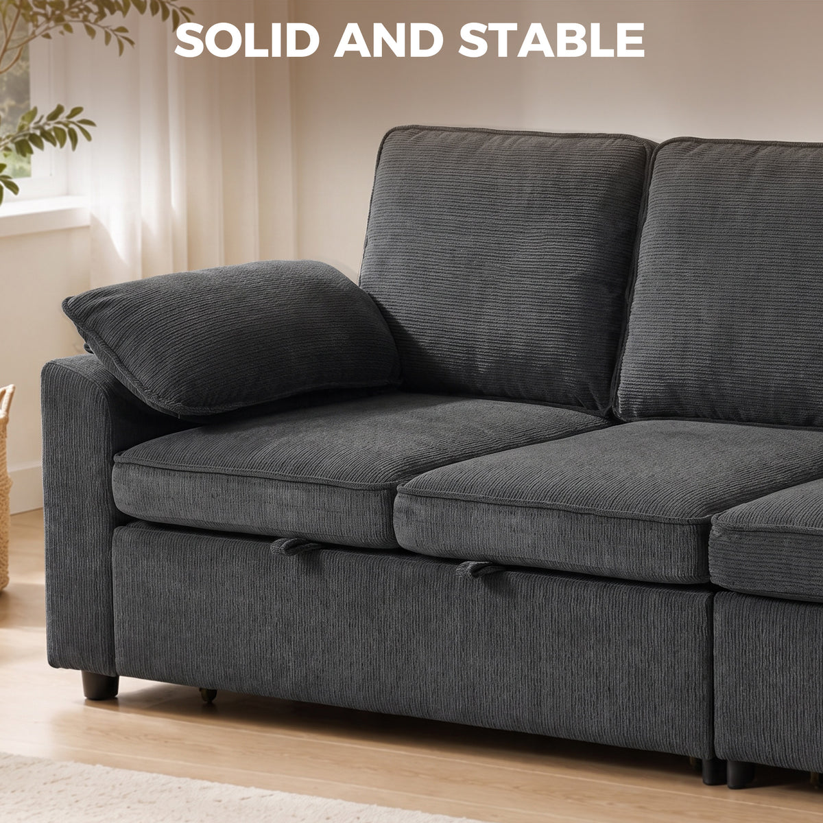 Sectional Sofa Bed, Sleeper Sofa Bed Couch with Double Pullout, Integrated Footrest, Chenille Fabric Futon for Living Room Bedroom Study, Dark Grey