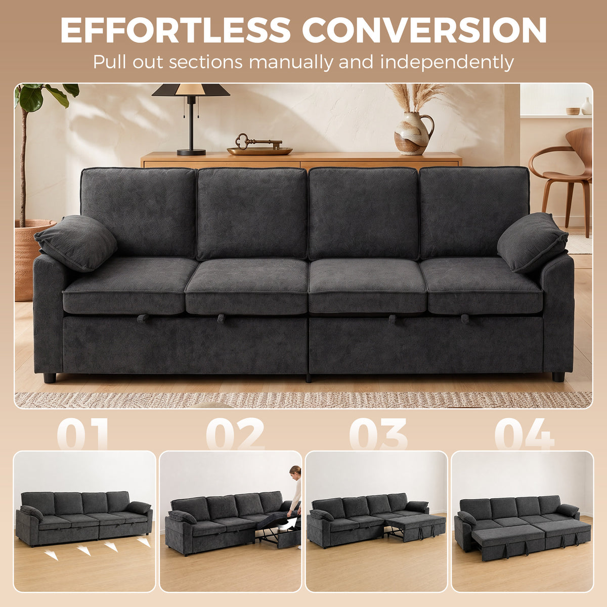Sectional Sofa Bed, Sleeper Sofa Bed Couch with Double Pullout, Integrated Footrest, Chenille Fabric Futon for Living Room Bedroom Study, Dark Grey
