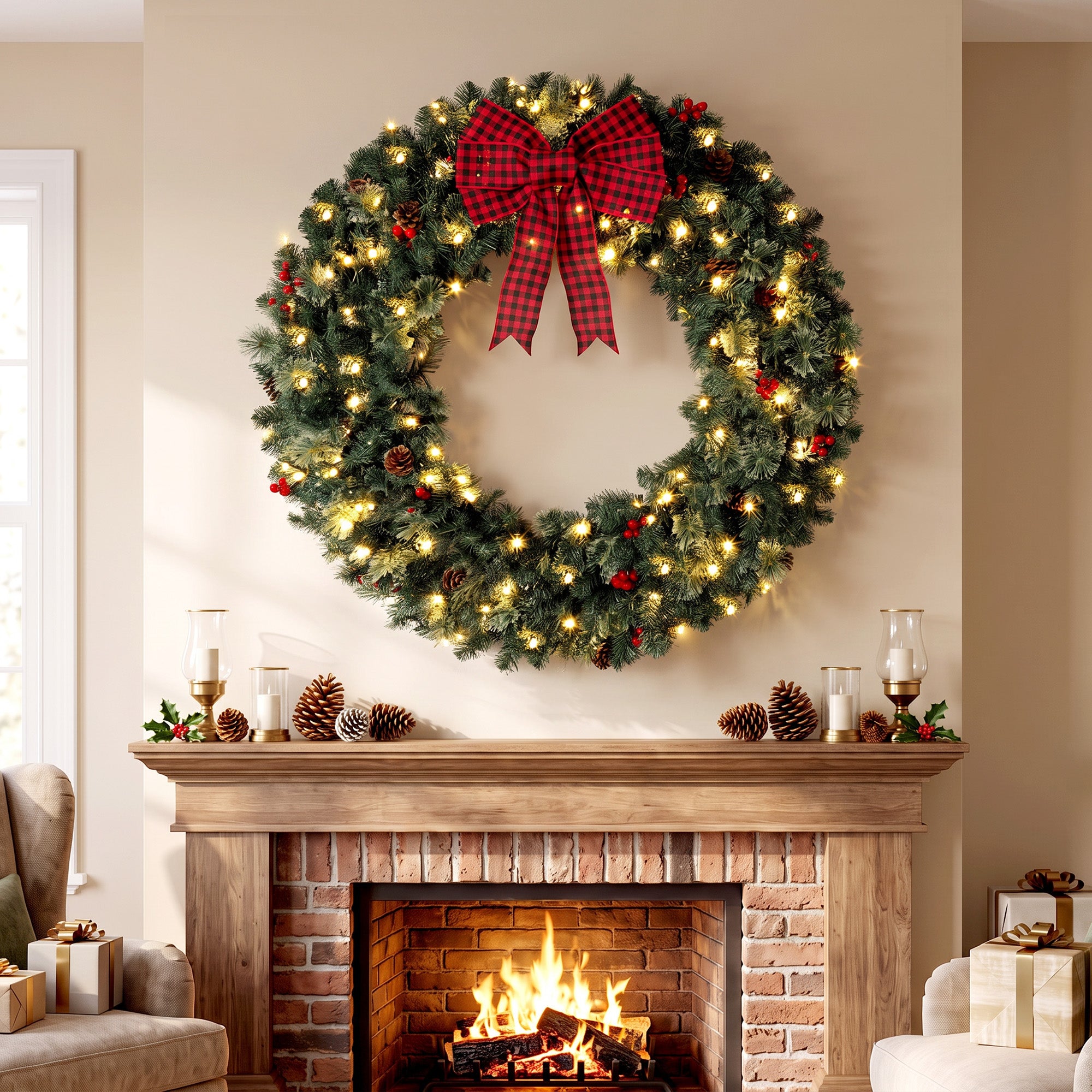 36 in Pre-Lit Crestwood Spruce Artificial Christmas Wreath, Christmas Decoration with Bow, 100 LED Lights, 330 Tips, 8 Modes, Red Berries, Pinecones for Door, Indoor Covered Outdoor, Green