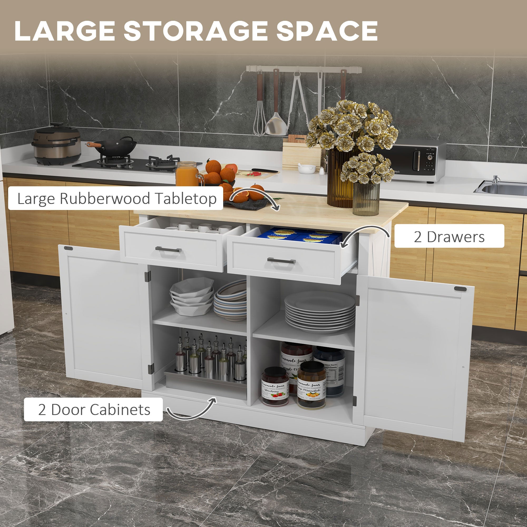 Rolling Kitchen Island with Drop Leaf, Wood Breakfast Bar Cart with 2 Drawers, White