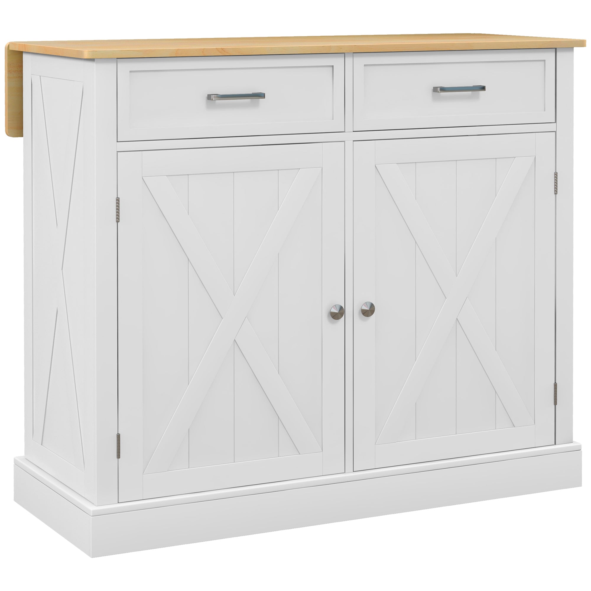 Rolling Kitchen Island with Drop Leaf, Wood Breakfast Bar Cart with 2 Drawers, White