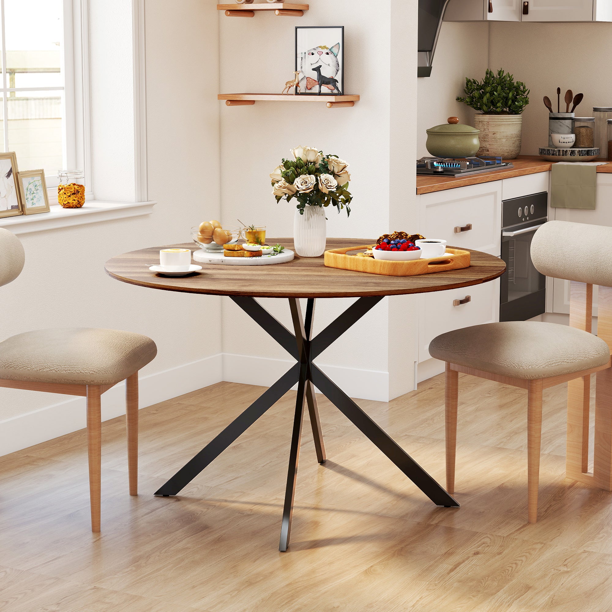 Round Dining Table for 4, 47" Industrial Kitchen Table with Steel Legs for Dining Room, Dark Brown and Black