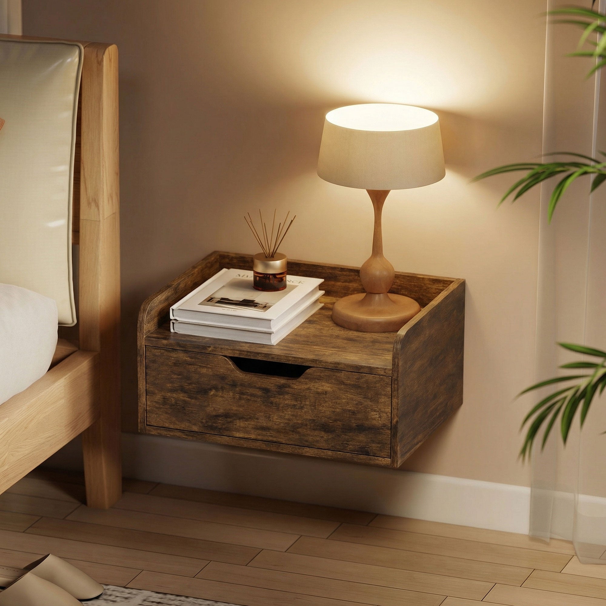 Floating Nightstands Set of 2, Wall Mounted Bedside Table with Storage Drawer for Bedroom, Rustic Brown