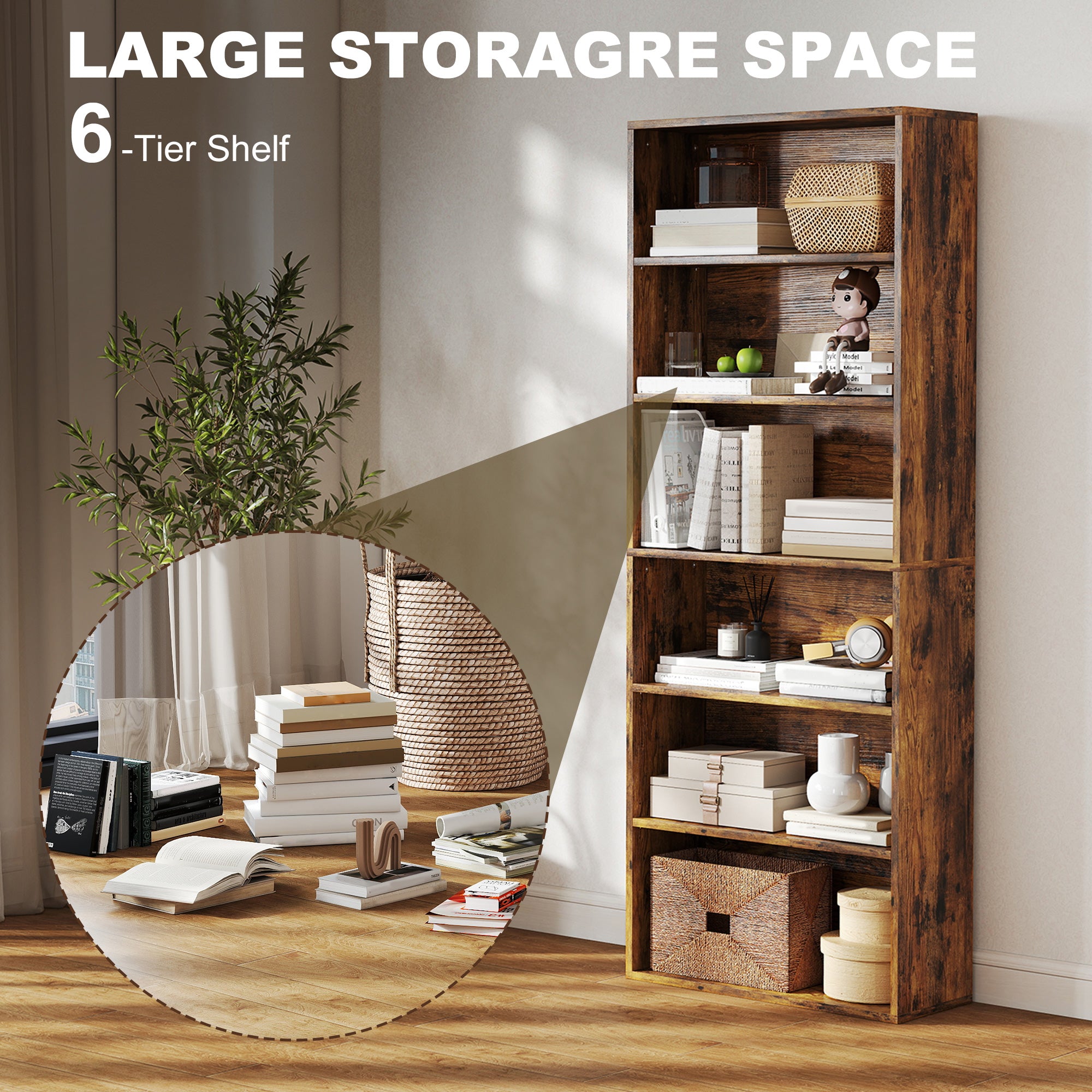 6 Tier Bookshelf, Freestanding Bookcase with Adjustable Shelves, Display Storage Unit for Living Room, Bedroom, Study, 60 x 24 x 158.5 cm, Rustic Brown