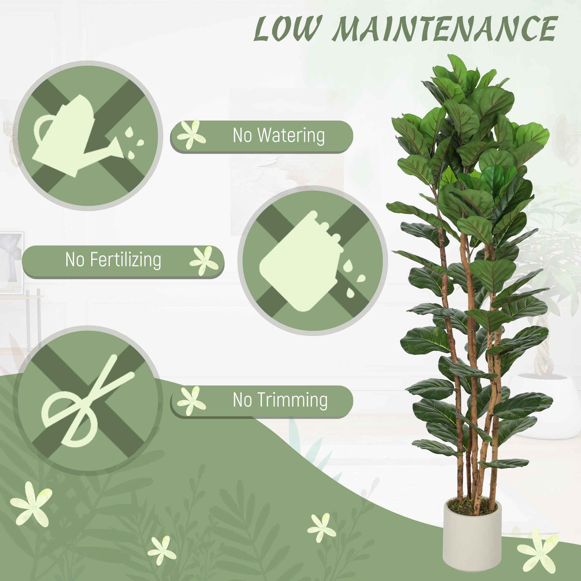 6FT Artificial Fiddle Leaf Fig Tree with Solid Wood Trunks, Lifelike Fake Tree with 91 Leaves in Pot for Indoor Living Room Office Home Decor, Green