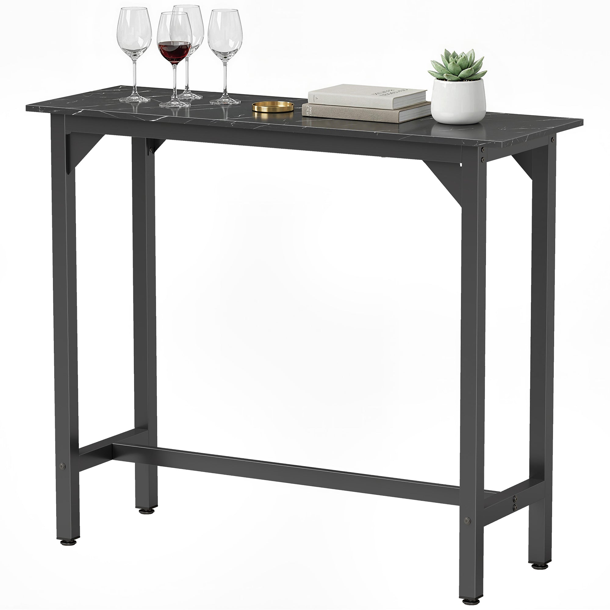 Rectangular Bar Table, Marble Effect Pub Coffee Table with Adjustable Footpads, Metal Frame, for Small Space, Breakfast Dining, Kitchen, Living Room, Industrial, Black Marble Effect