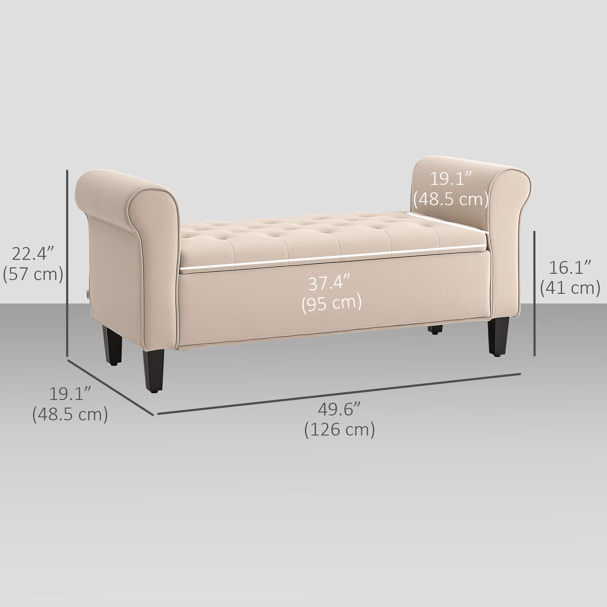 50" Storage Ottoman, Upholstered Bedroom Bench with Rolled Arms, Wood Legs, Button Tufted Storage Bench Seat with Safety Hinges for Entryway, Bedroom, Beige