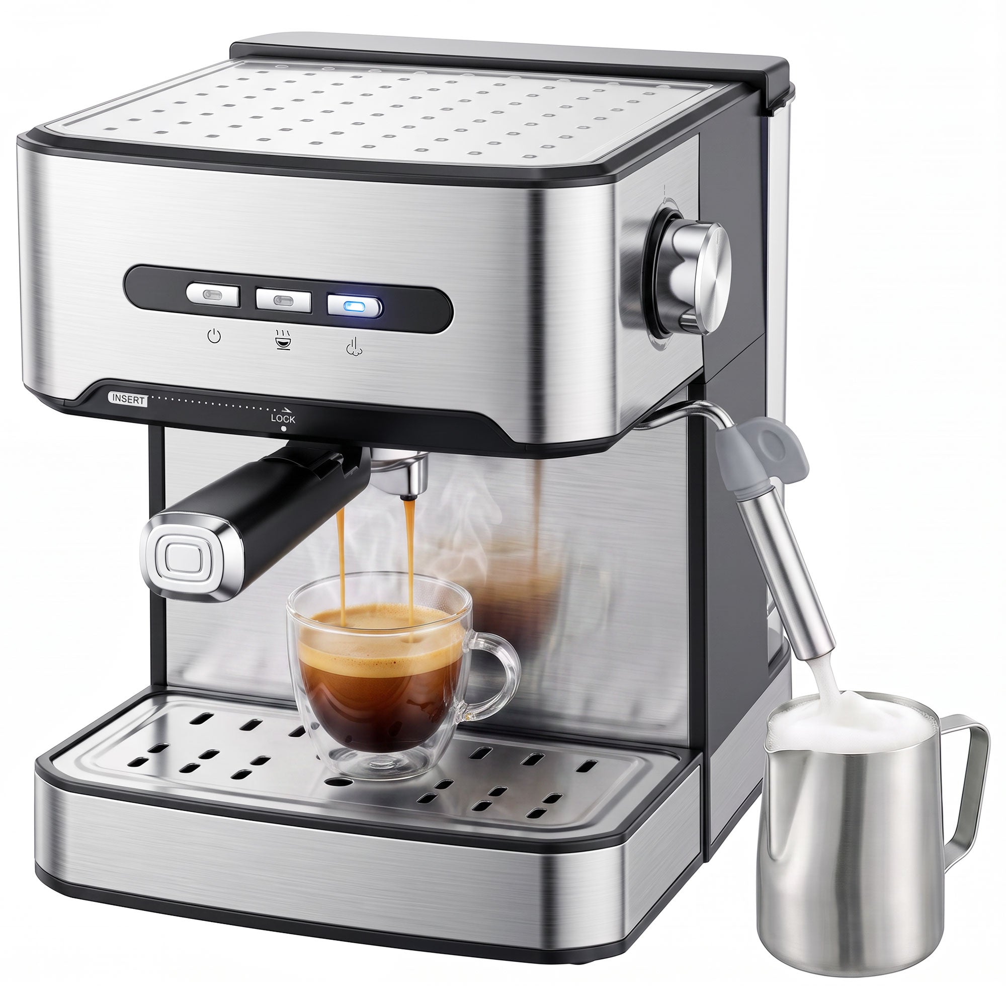 Espresso Machine with Milk Frother Wand, 1.6 L Water Tank, 850W Semi Automatic 20 Bar Coffee Machine, Latte and Cappuccino Maker with Double Shot, Hot Water, Cup Warming, Black and Silver