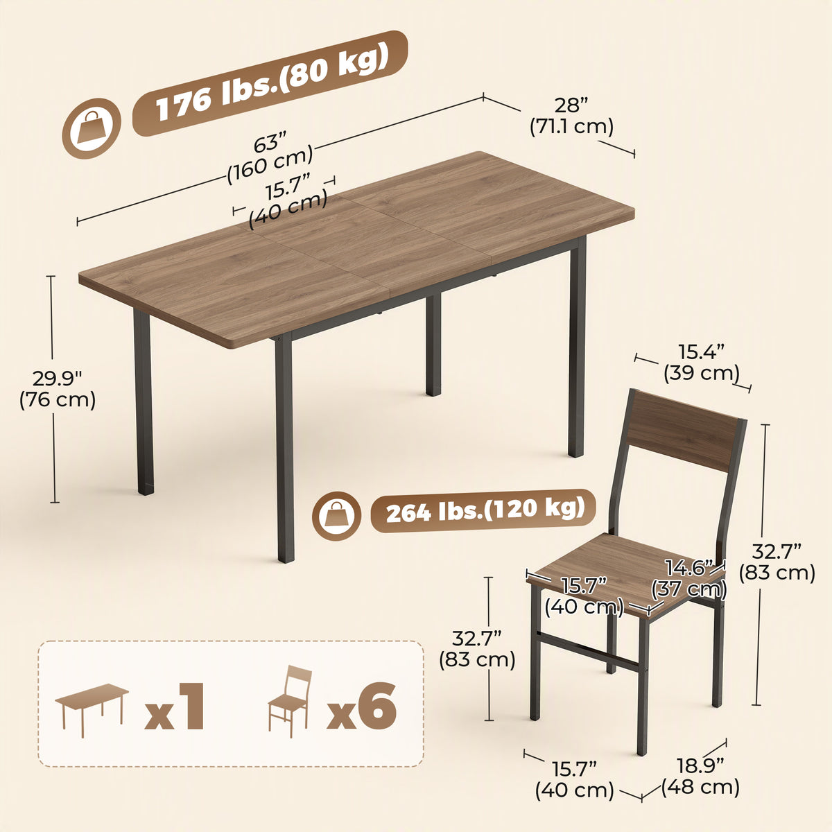 7-Piece Industrial Dining Table Set for 4-6, 47"-63" Extendable Kitchen Table with 6 Stackable Chairs, Metal Frame, Space Saving, Dining Room, Home Office, Brown Wood Grain