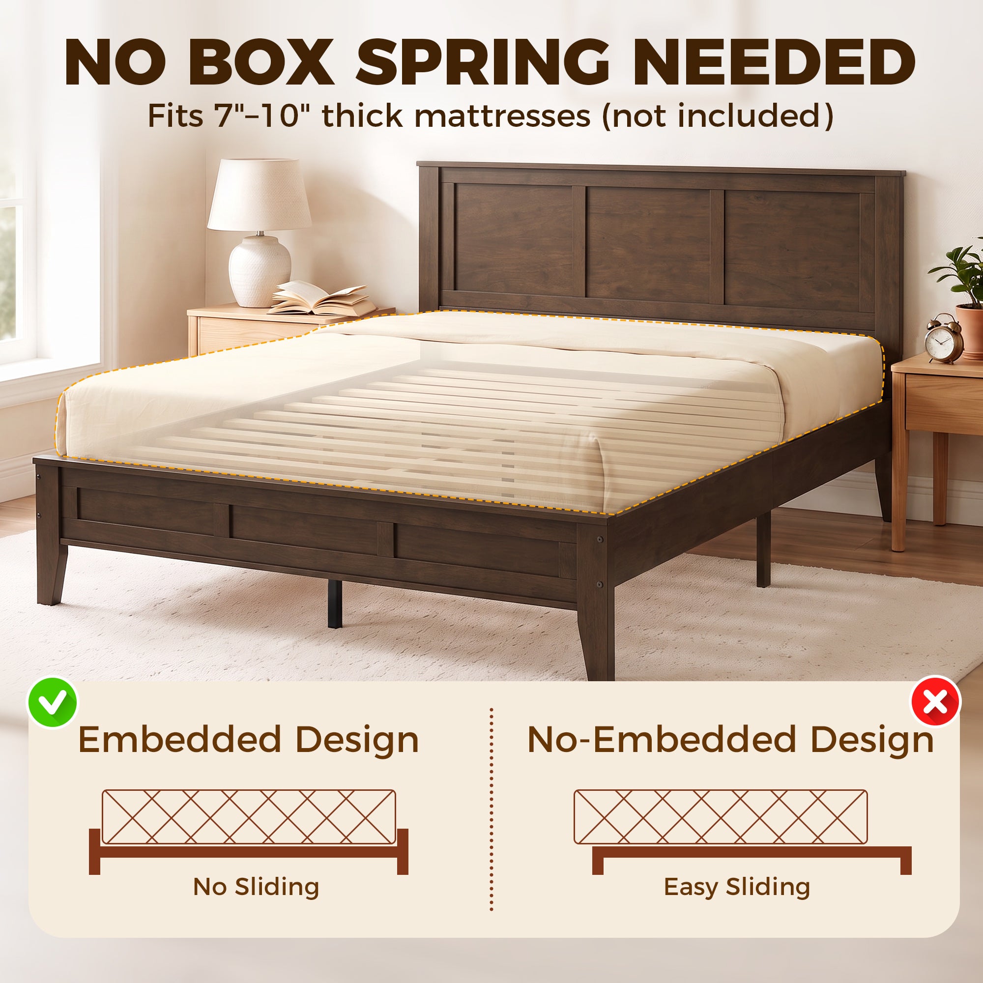 Queen Size Wood Platform Bed Frame with Headboard and Footboard, Mid-Century Bed Frame with Slat Support, Mattress Foundation with Under-Bed Storage, No Box Spring Needed, Easy Assembly, Walnut