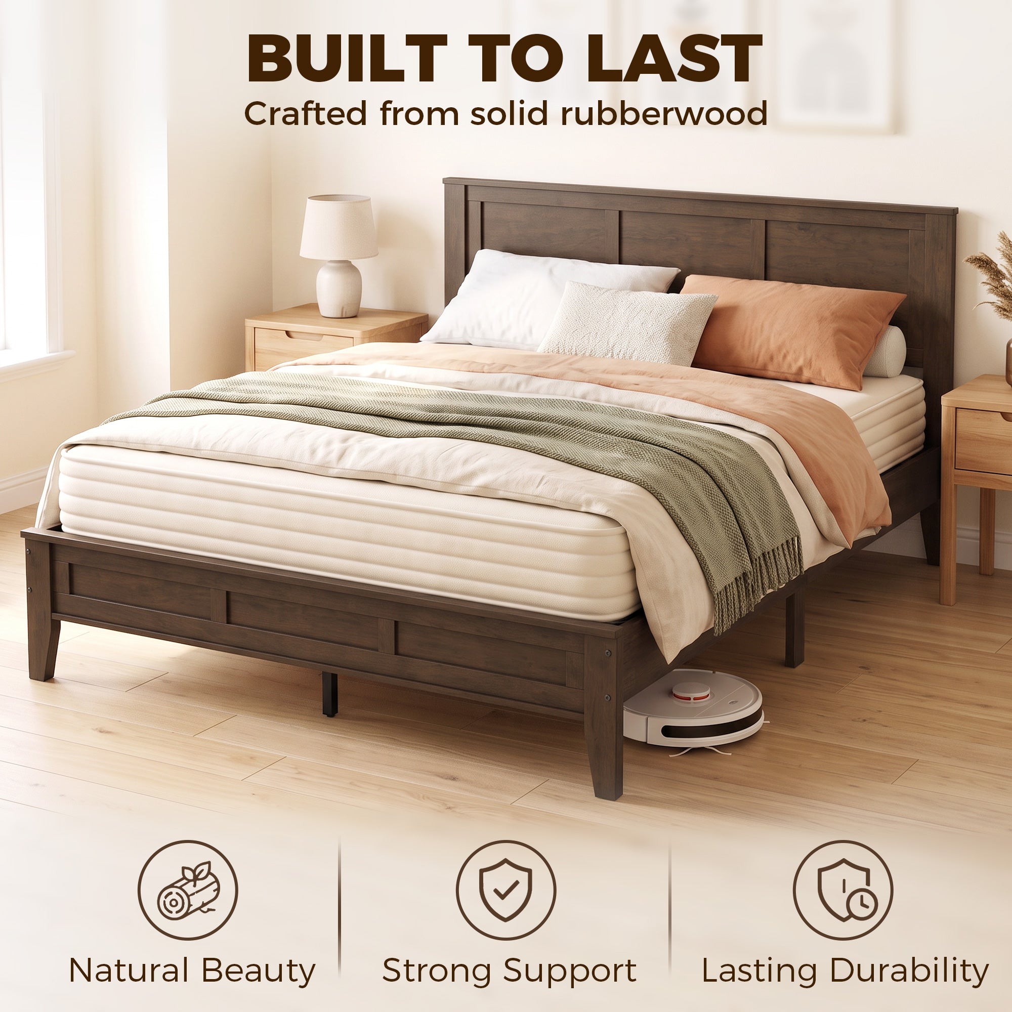 Queen Size Wood Platform Bed Frame with Headboard and Footboard, Mid-Century Bed Frame with Slat Support, Mattress Foundation with Under-Bed Storage, No Box Spring Needed, Easy Assembly, Walnut