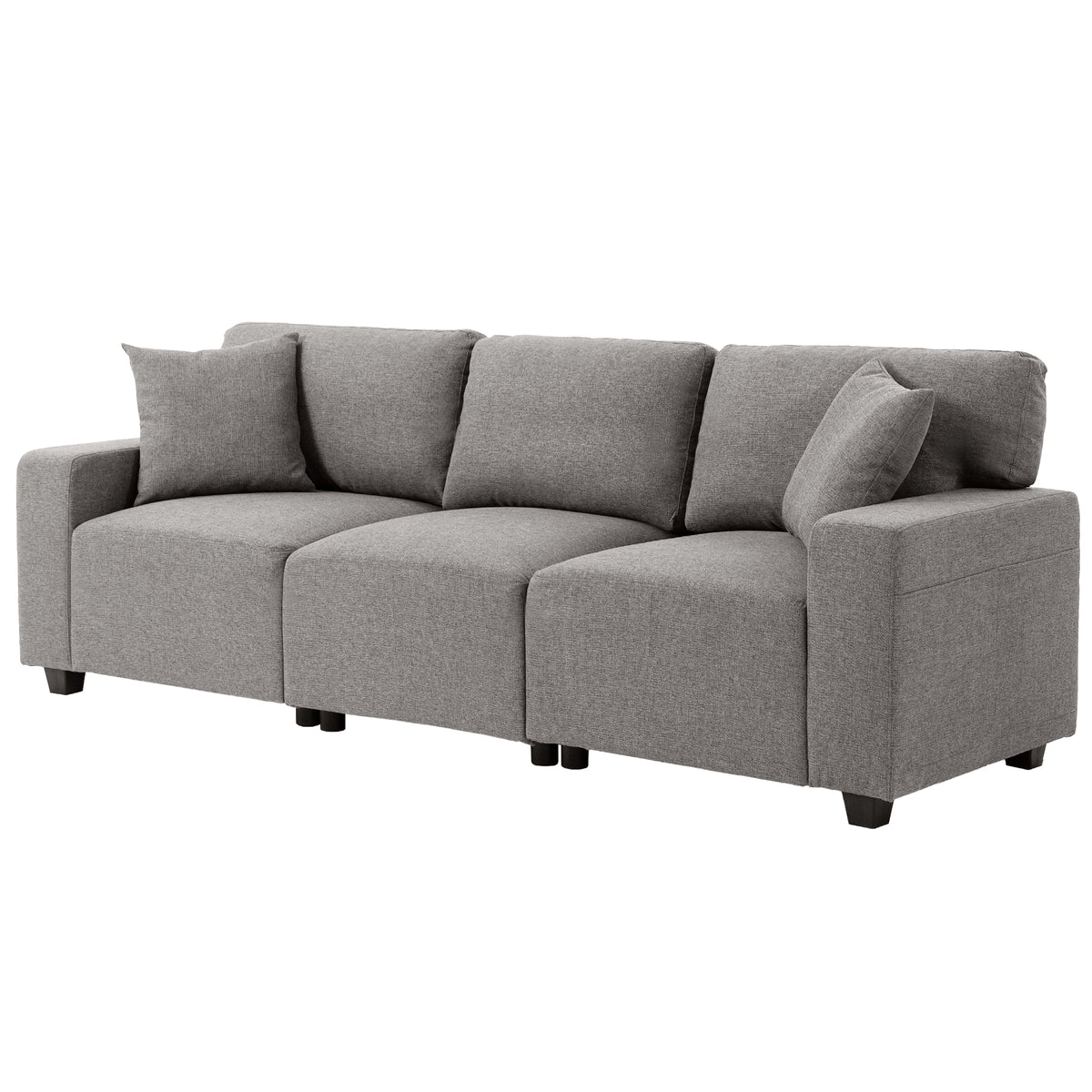 3 Seater Sofa, Linen-Look Fabric Upholstered Small Couch, Modern Sofa Settee with Storage Pockets, Pocket Springs and 2 Pillows for Living Room, Grey