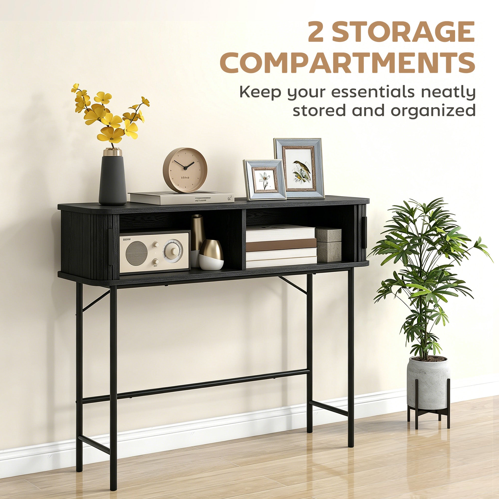 39" Narrow Console Table, Mid-Century Entryway Table with Storage Compartments and Slatted Tambour Swing Doors for Behind Couch, Living Room, Hallway, Black