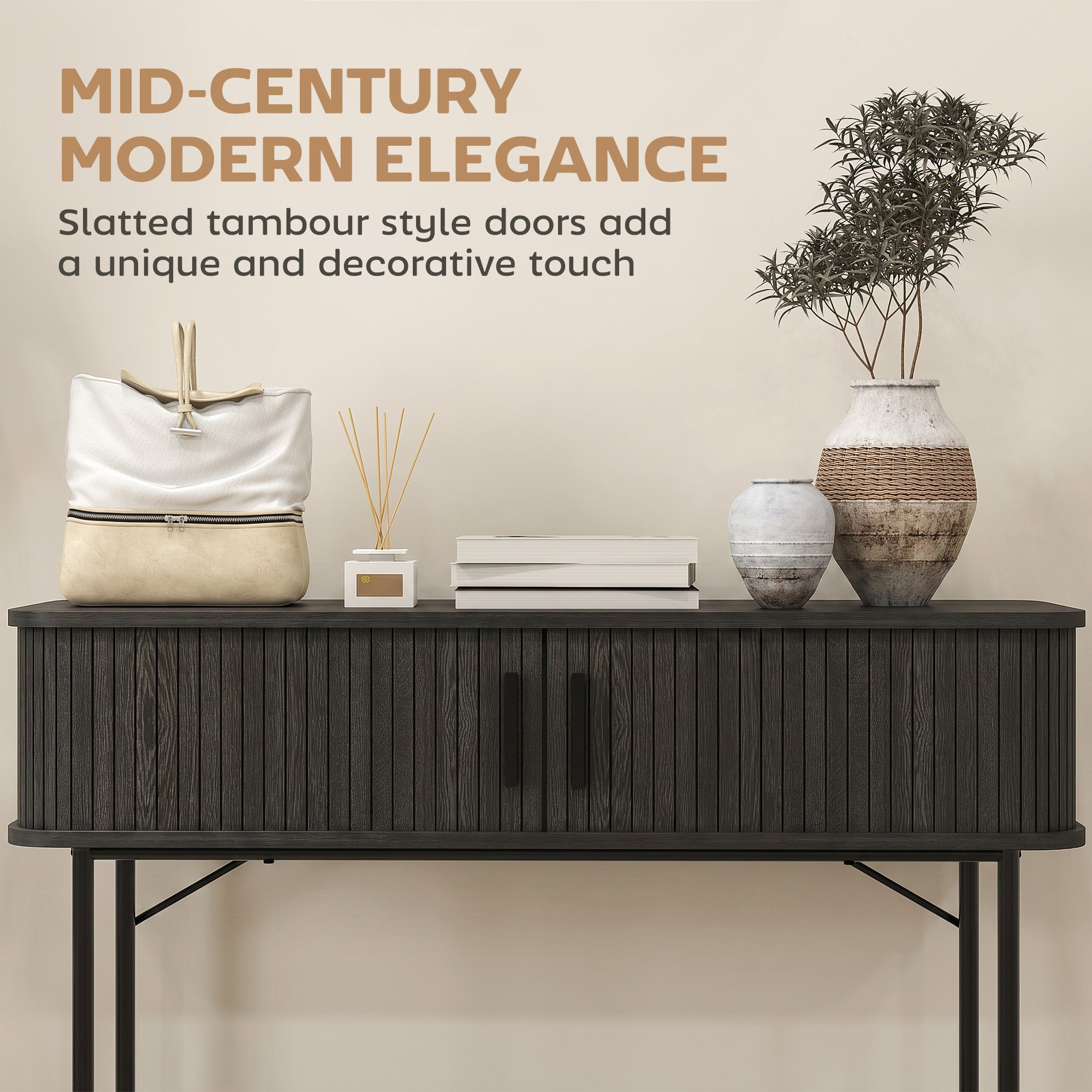 39" Narrow Console Table, Mid-Century Entryway Table with Storage Compartments and Slatted Tambour Swing Doors for Behind Couch, Living Room, Hallway, Black