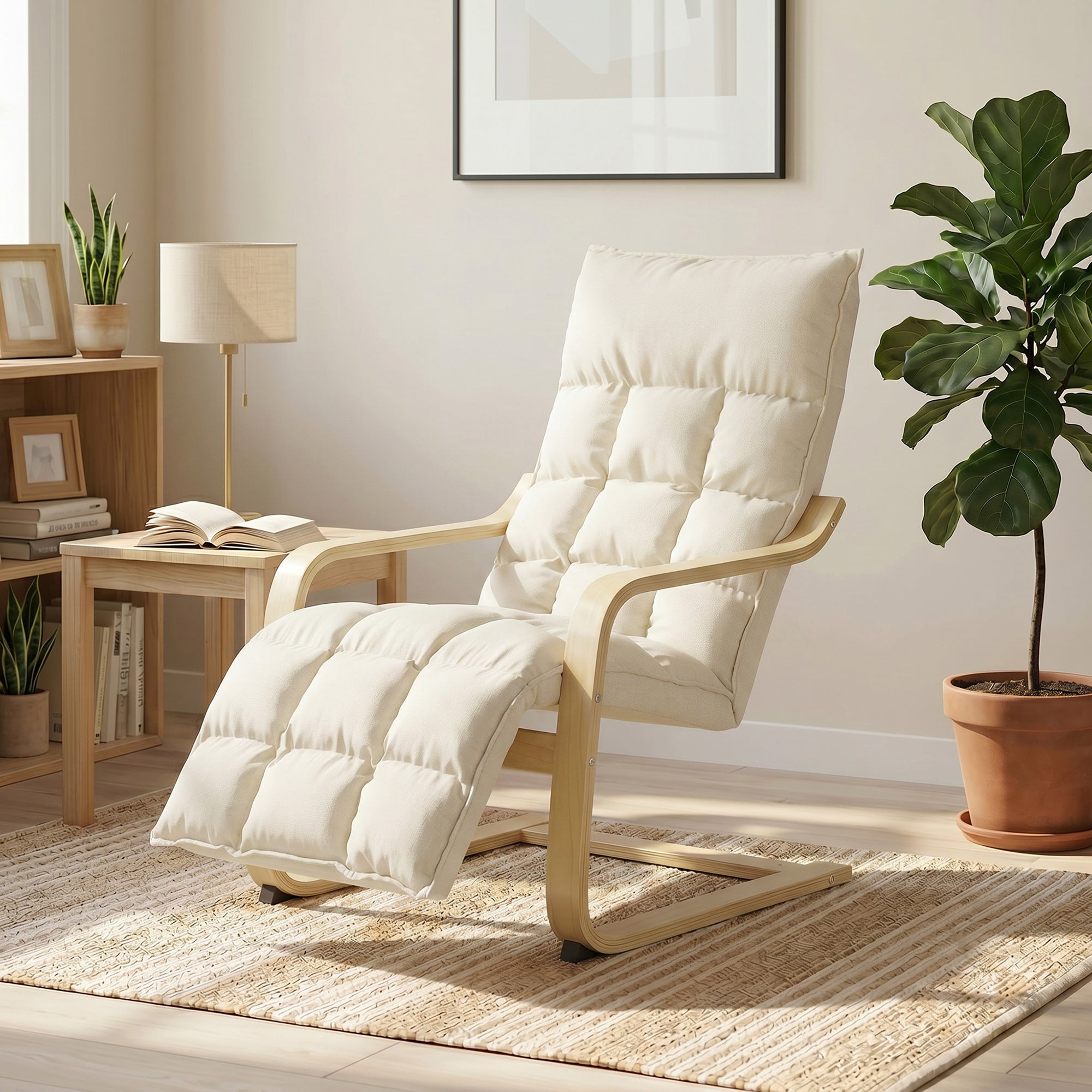 Accent Chair, Linen-Look Fabric Armchair with Footrest, Plush Cushion, High Back, Wide Seat, Curved Legs and Arms, Gentle Motion, Leisure Lounge Chair for Living Room, Bedroom, Cream White