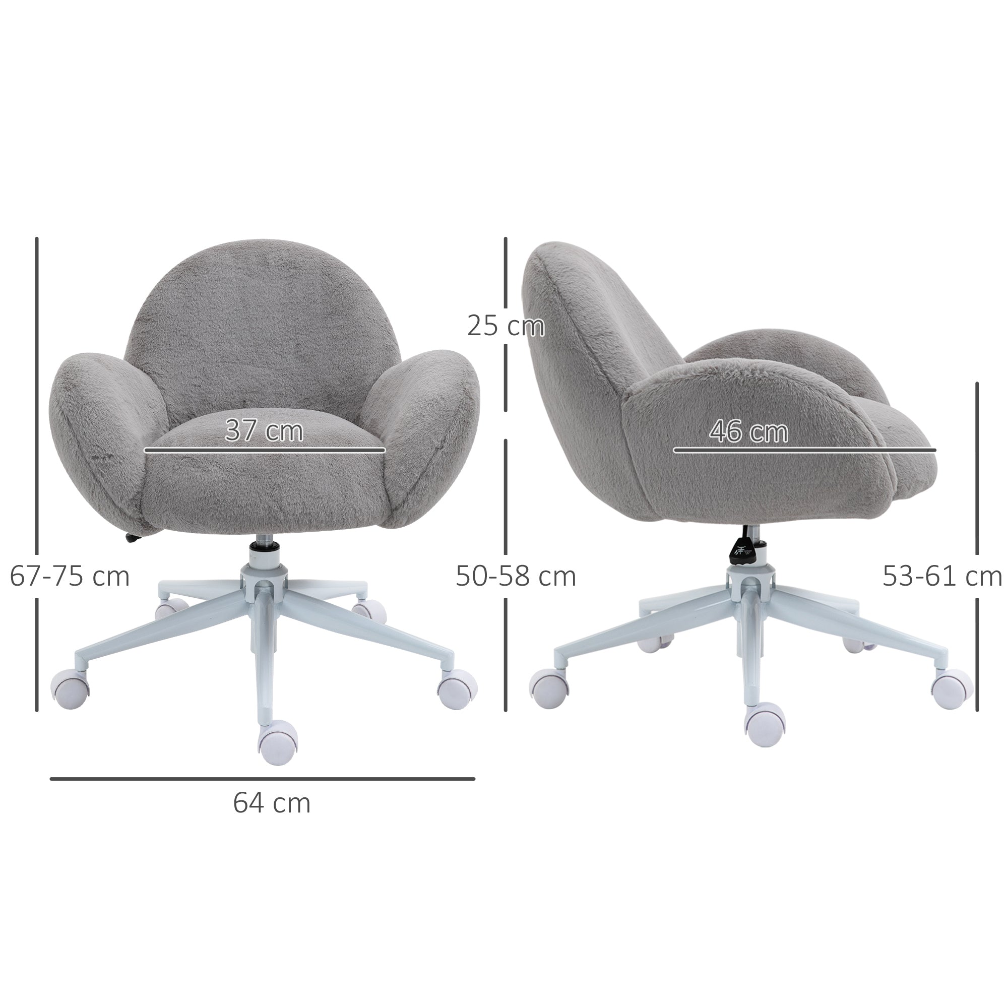 HOMCOM Fluffy Desk Chair, Cute Makeup Vanity Chair with Rolling Wheels for Home Bedroom Living Room, Grey