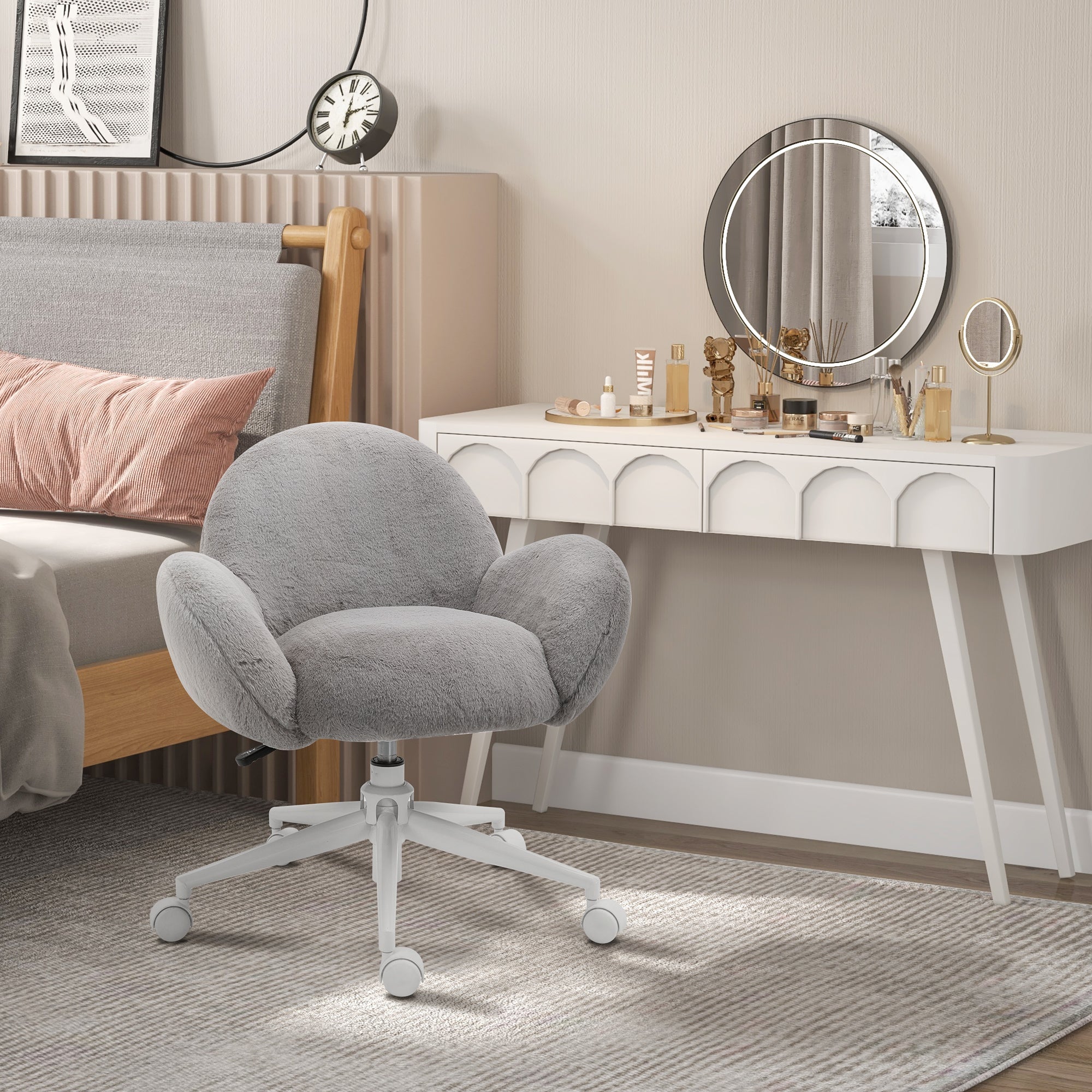 HOMCOM Fluffy Desk Chair, Cute Makeup Vanity Chair with Rolling Wheels for Home Bedroom Living Room, Grey