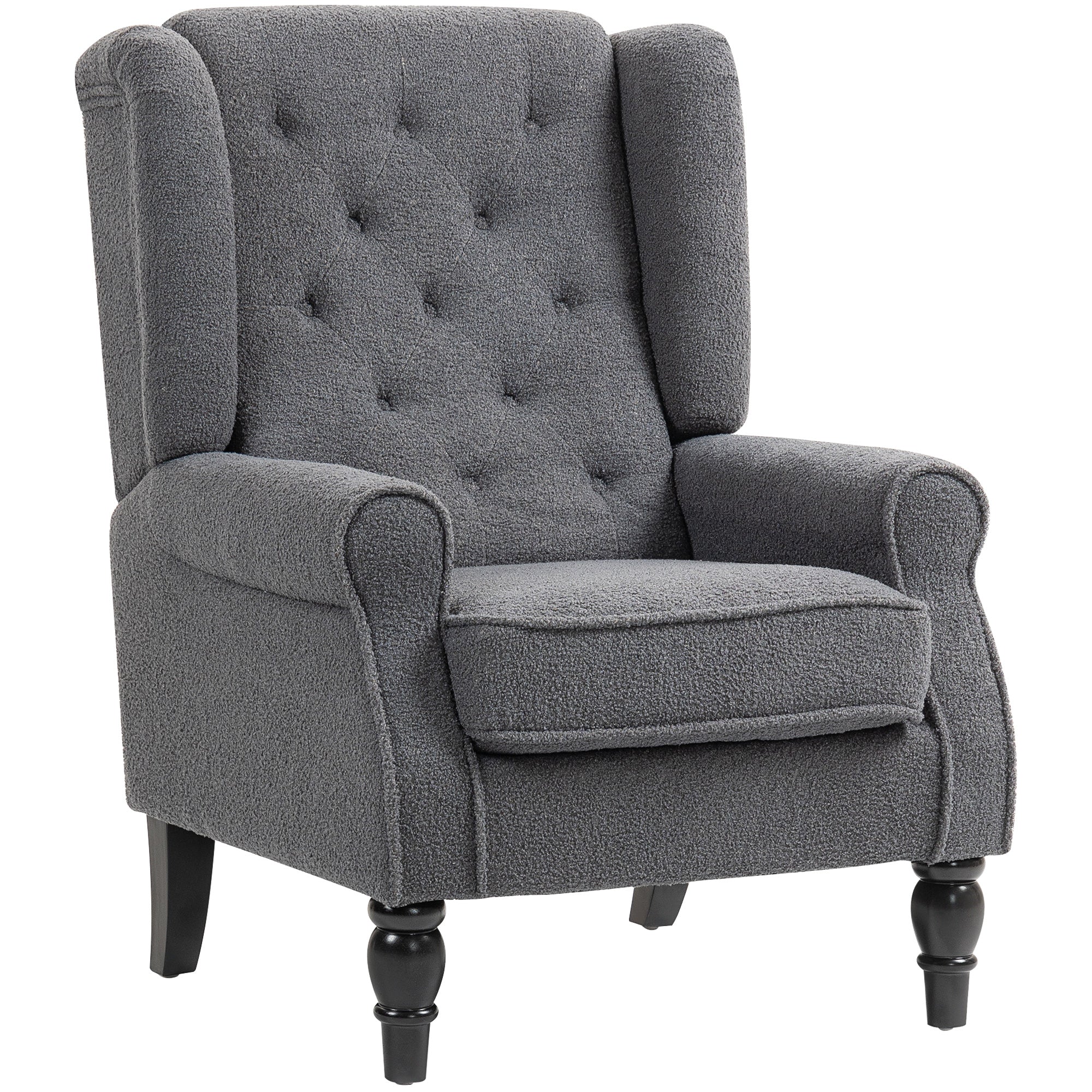 Retro Accent Chair, Teddy Fleece Wingback Armchair with Wood Frame Button Tufted Design for Living Room Bedroom, Charcoal Grey