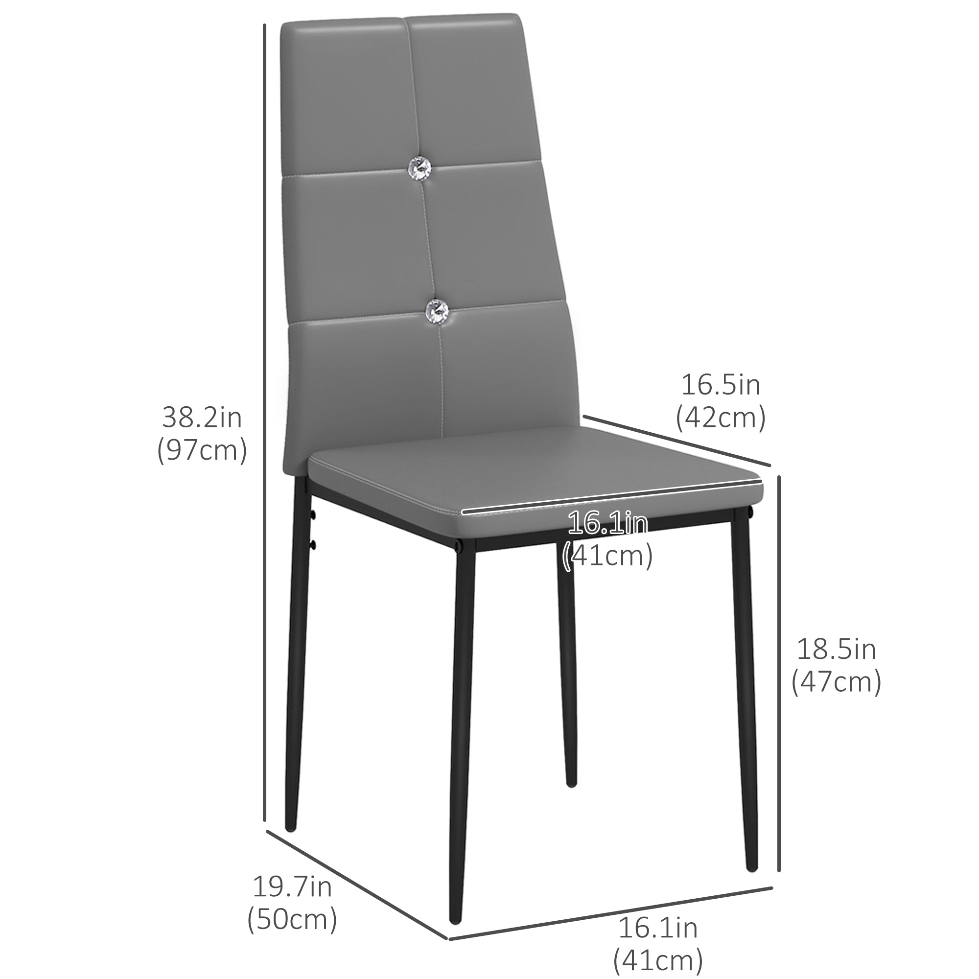 HOMCOM Modern Dining Chairs Set of 4, Upholstered Faux Leather Kitchen Chairs with Crystal Tufting and Metal Legs for Living Room, Dining Room, Bedroom, Grey