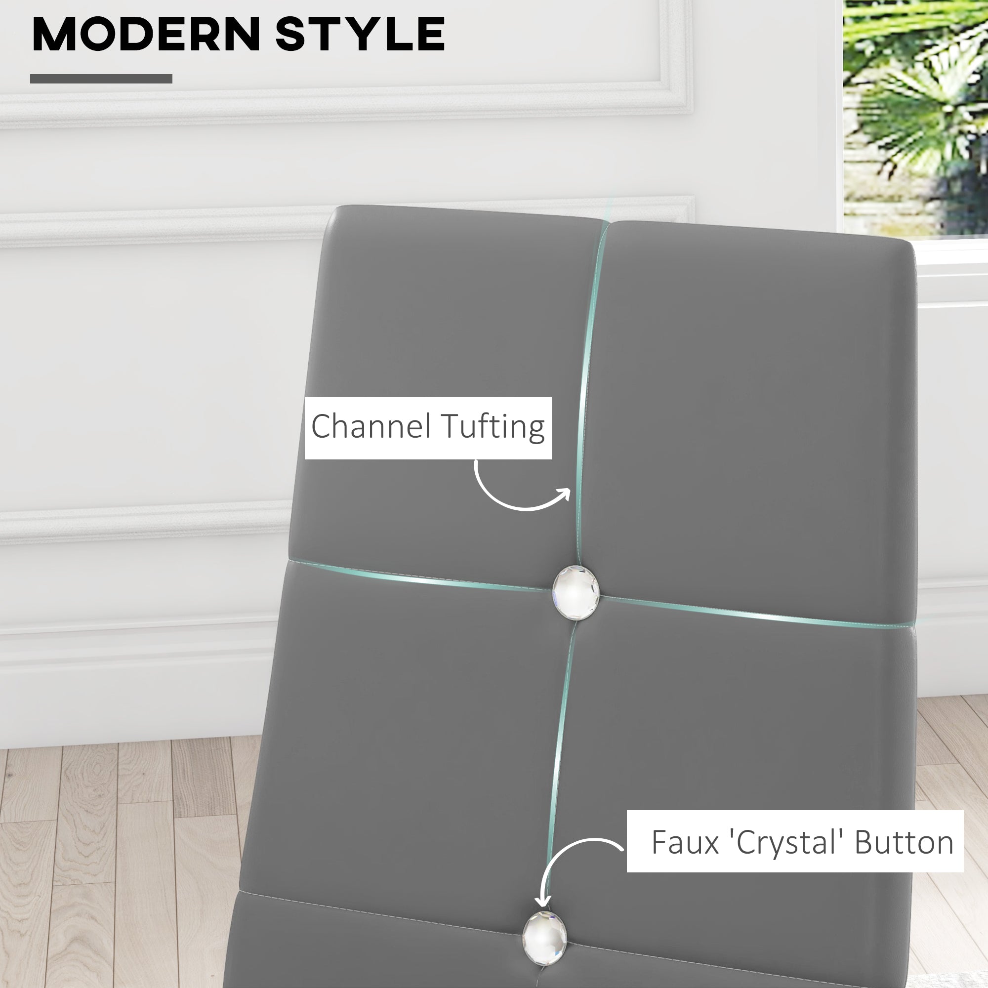 HOMCOM Modern Dining Chairs Set of 4, Upholstered Faux Leather Kitchen Chairs with Crystal Tufting and Metal Legs for Living Room, Dining Room, Bedroom, Grey