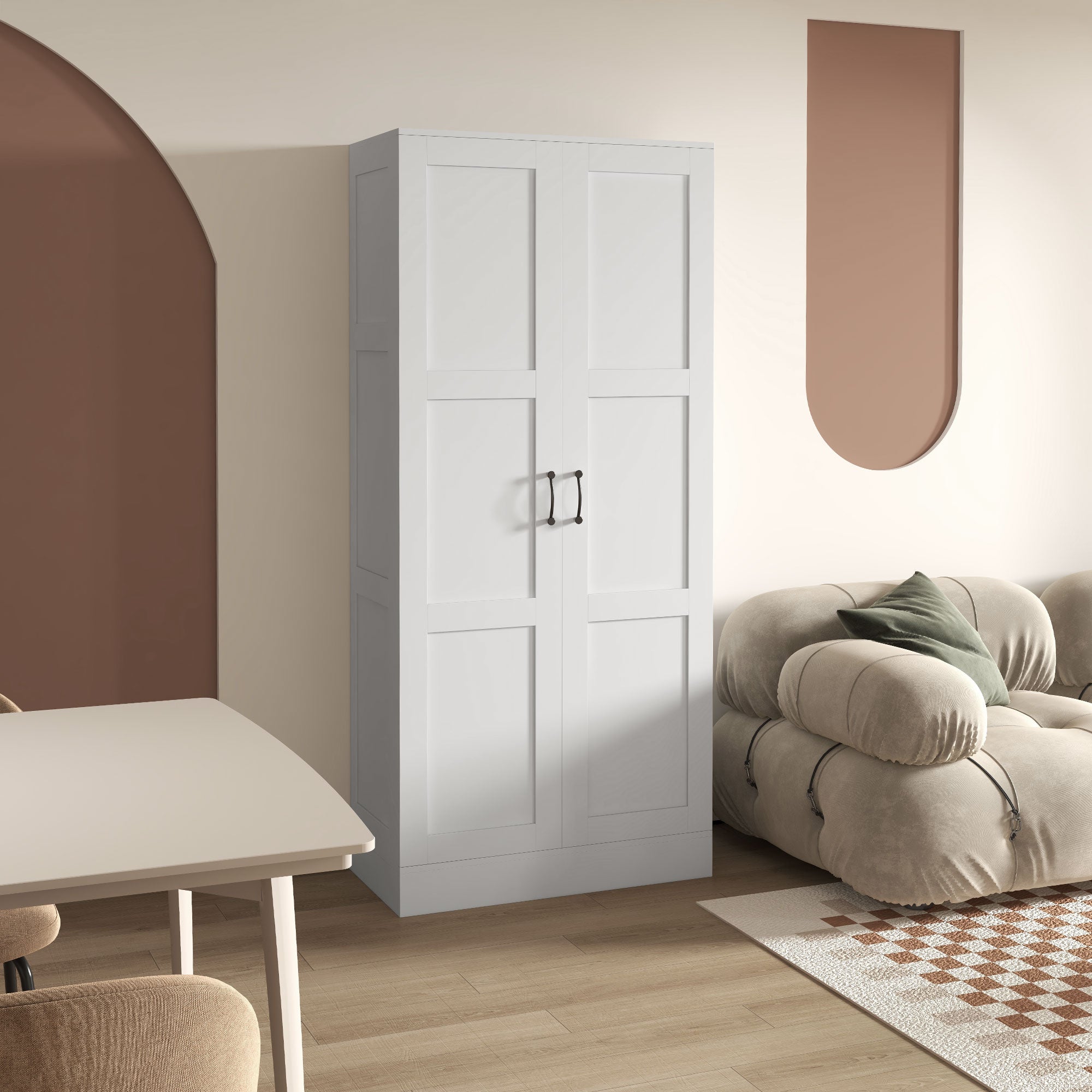 71" Tall Storage Cabinet with Movable Shelves, Modern Pantry Cupboard, White