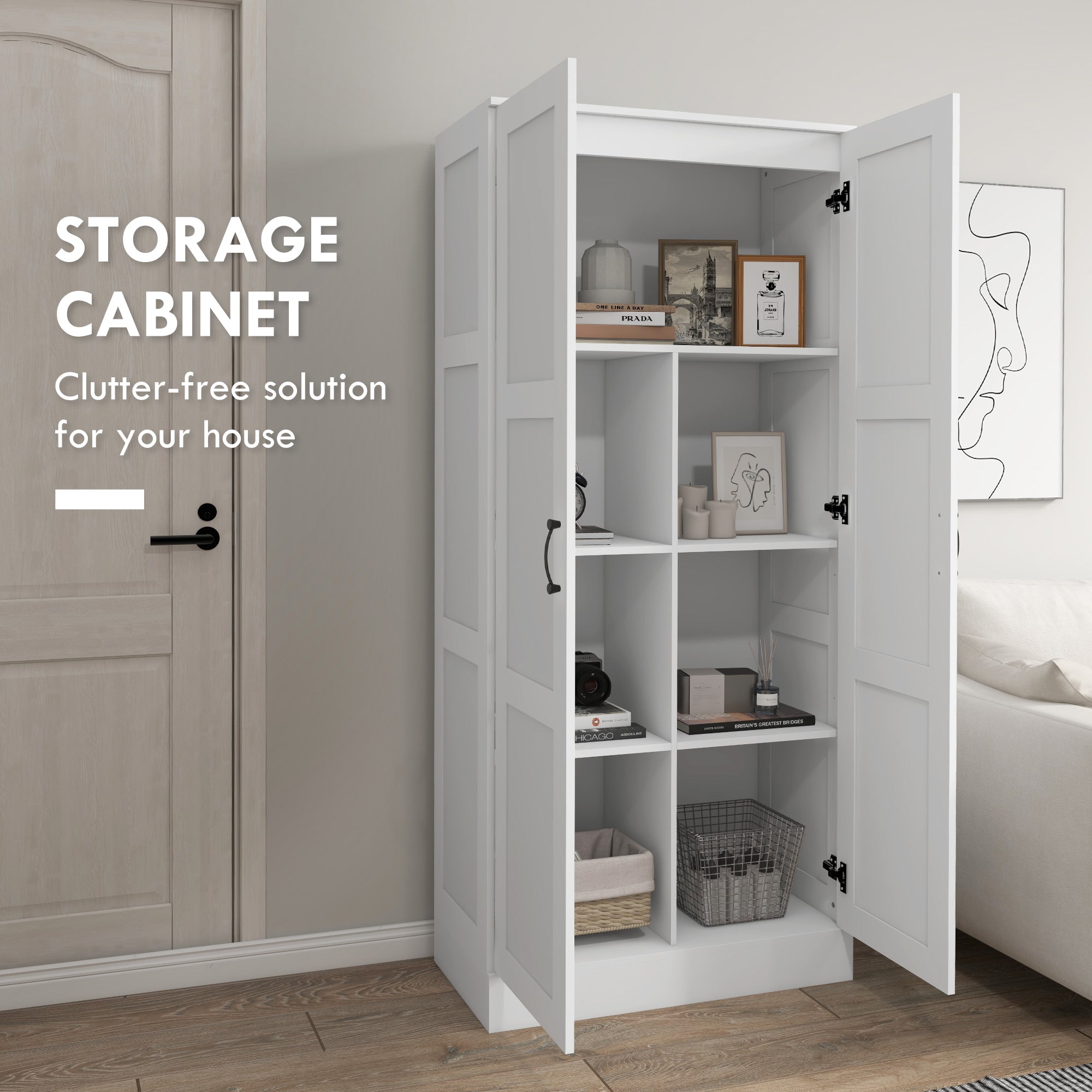 71" Tall Storage Cabinet with Movable Shelves, Modern Pantry Cupboard, White