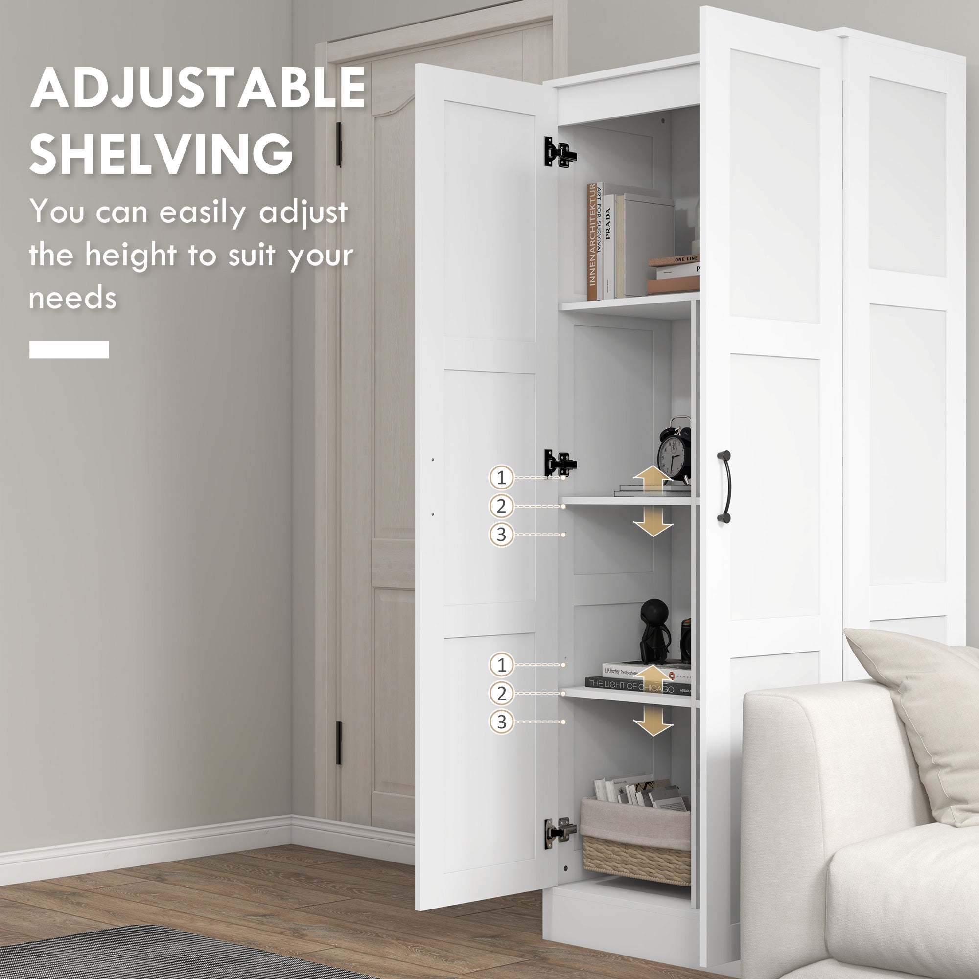 71" Tall Storage Cabinet with Movable Shelves, Modern Pantry Cupboard, White