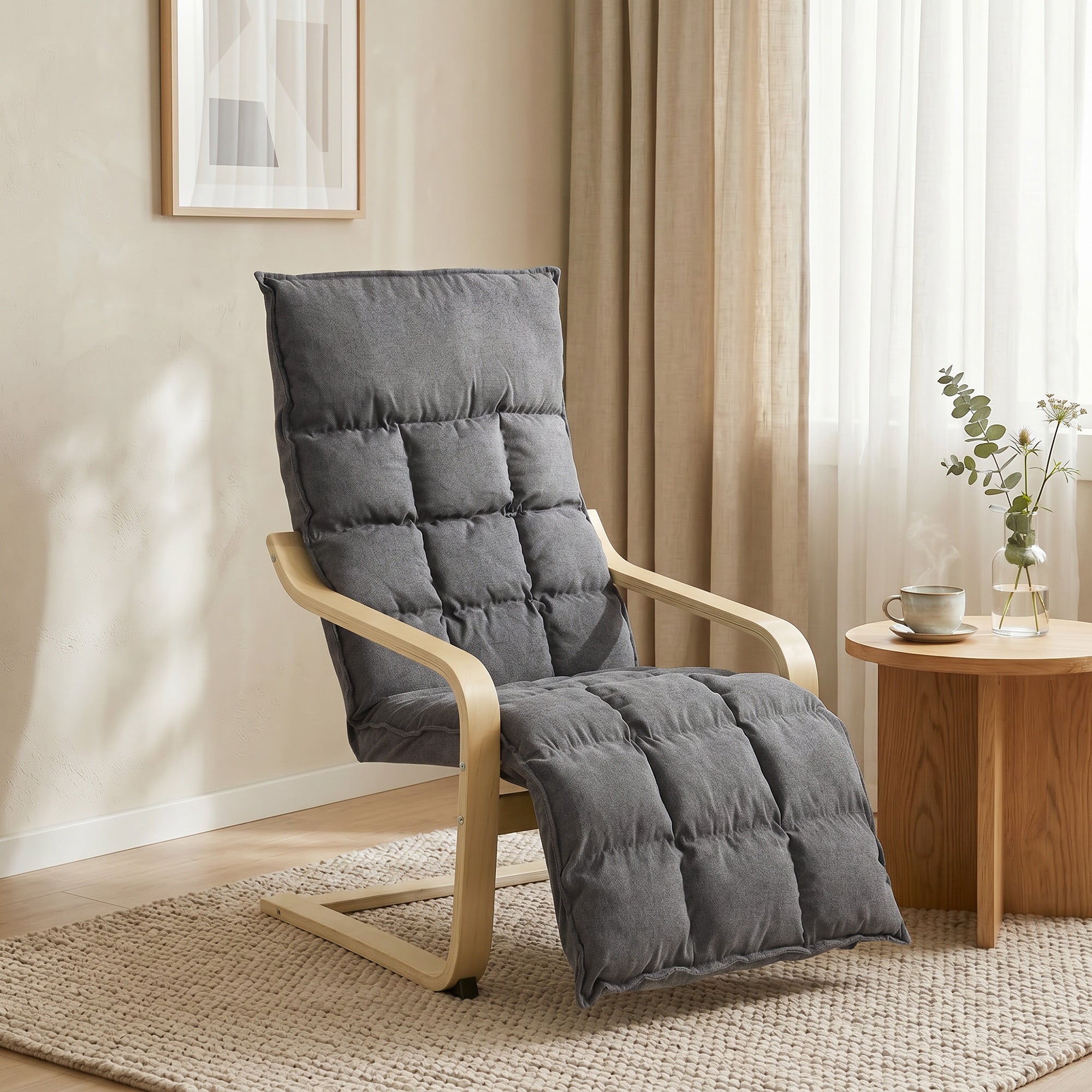 Accent Chair, Linen-Look Fabric Armchair with Footrest, Plush Cushion, High Back, Wide Seat, Curved Legs and Arms, Gentle Motion, Leisure Lounge Chair for Living Room, Bedroom, Grey