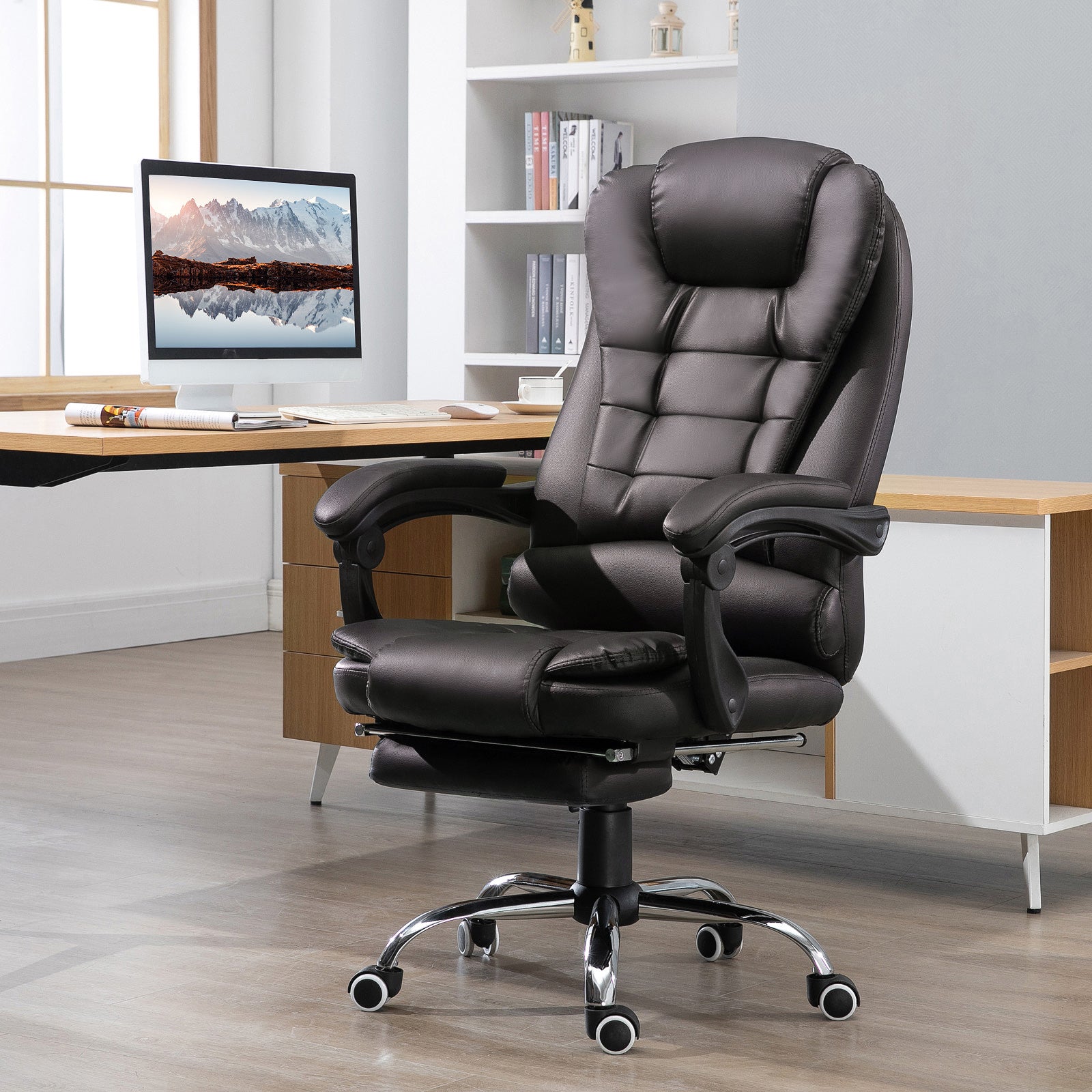 HOMCOM PU Leather Executive Office Chair, High Back Swivel Chair with Retractable Footrest, Adjustable Height, Reclining Function, Brown