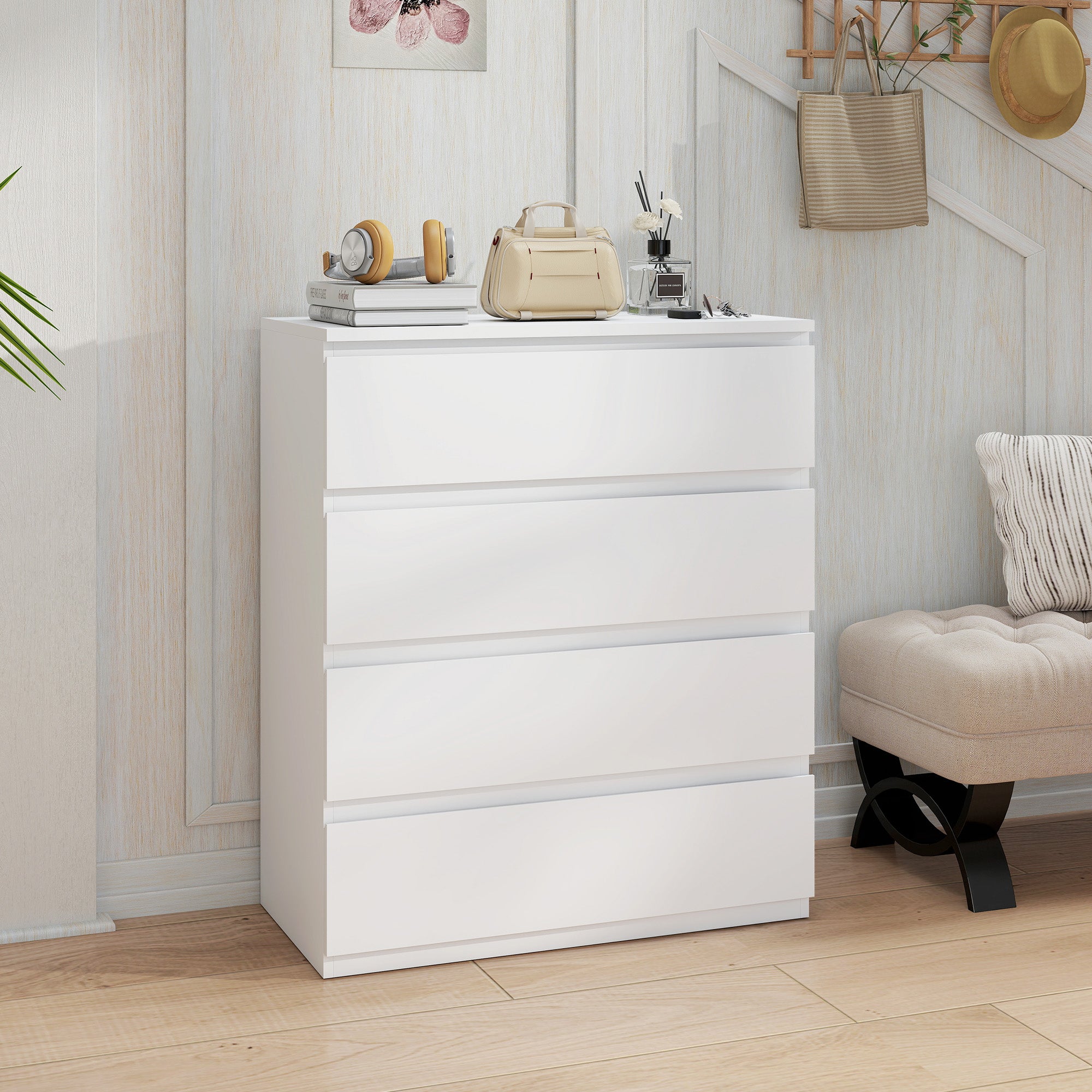 Chest of Drawers, 4-Drawer Storage Organiser Unit for Bedroom, Living Room, 80 x 39 x 95cm, White