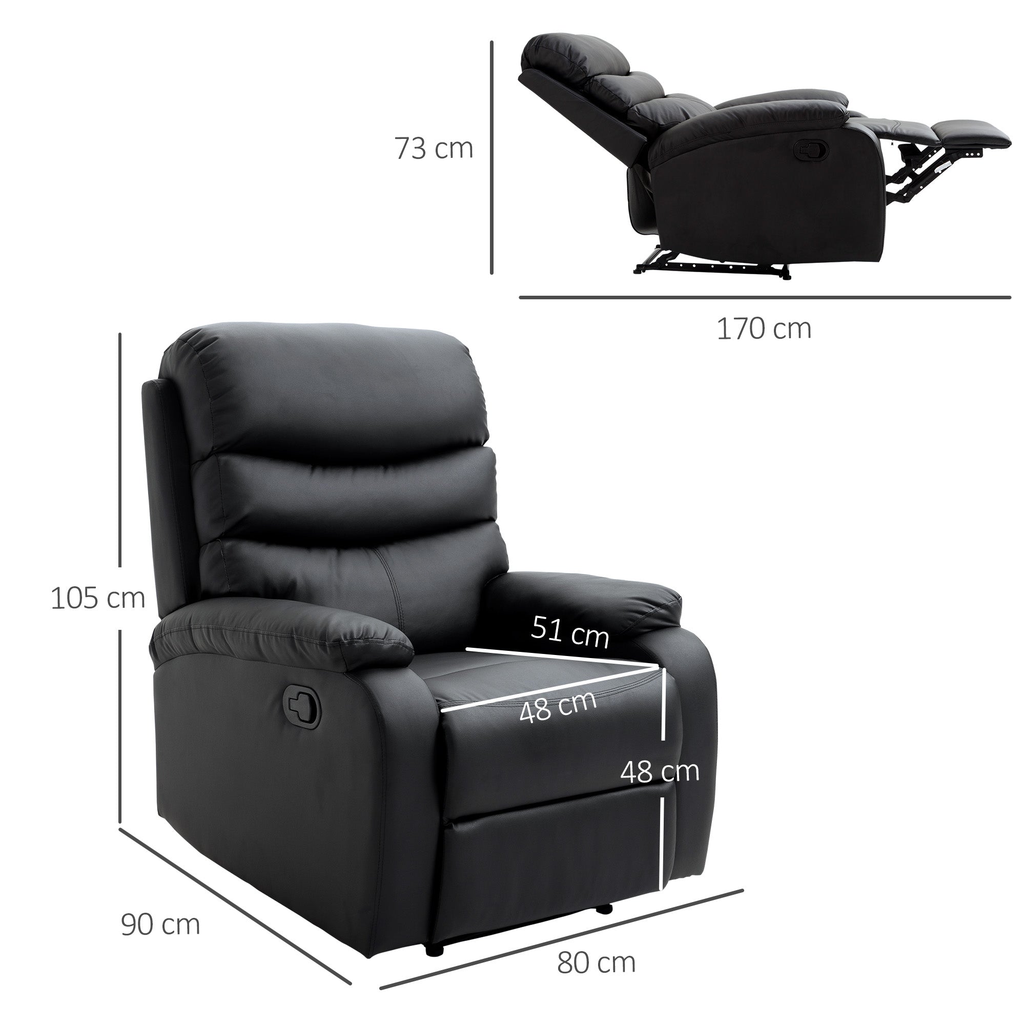 HOMCOM Recliner Armchair, PU Leather Reclining Chair with Adjustable Leg Rest, for Home Living Room Theater, Black