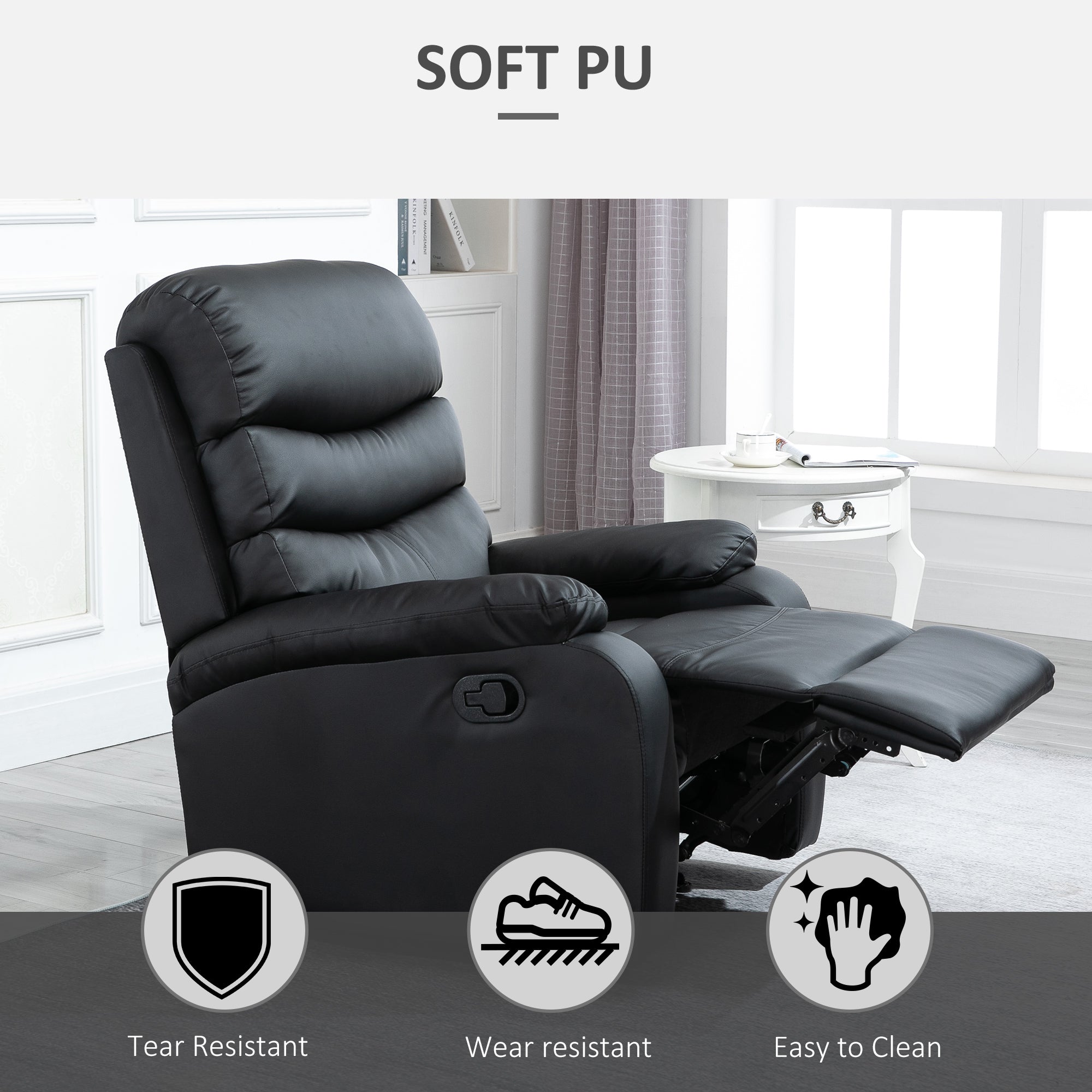 HOMCOM Recliner Armchair, PU Leather Reclining Chair with Adjustable Leg Rest, for Home Living Room Theater, Black