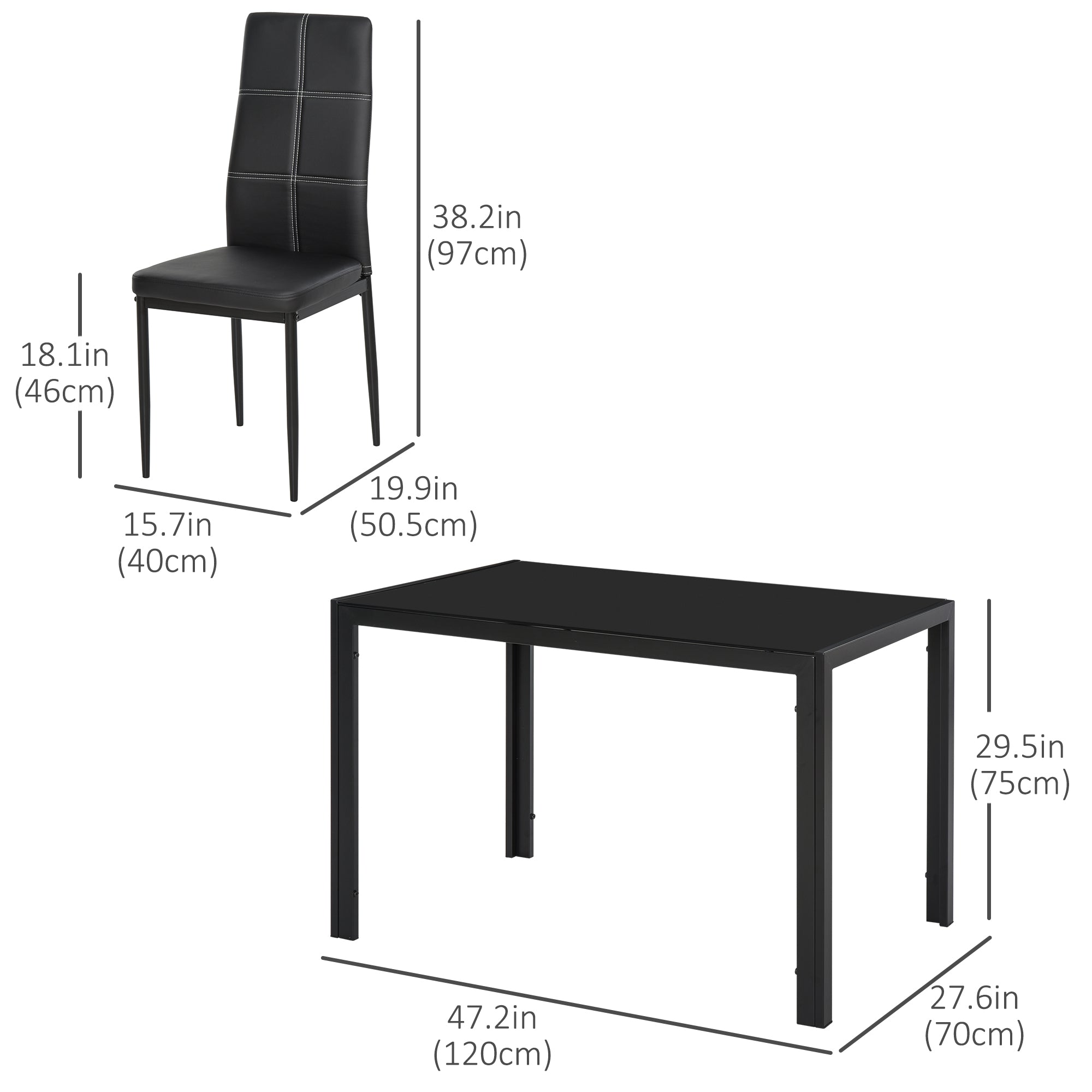 HOMCOM Dining Table Set for 4, 5-Piece Rectangular Glass Kitchen Table and Chairs with Metal Frame and Faux Leather Upholstery for Dining Room, Living Room, Black