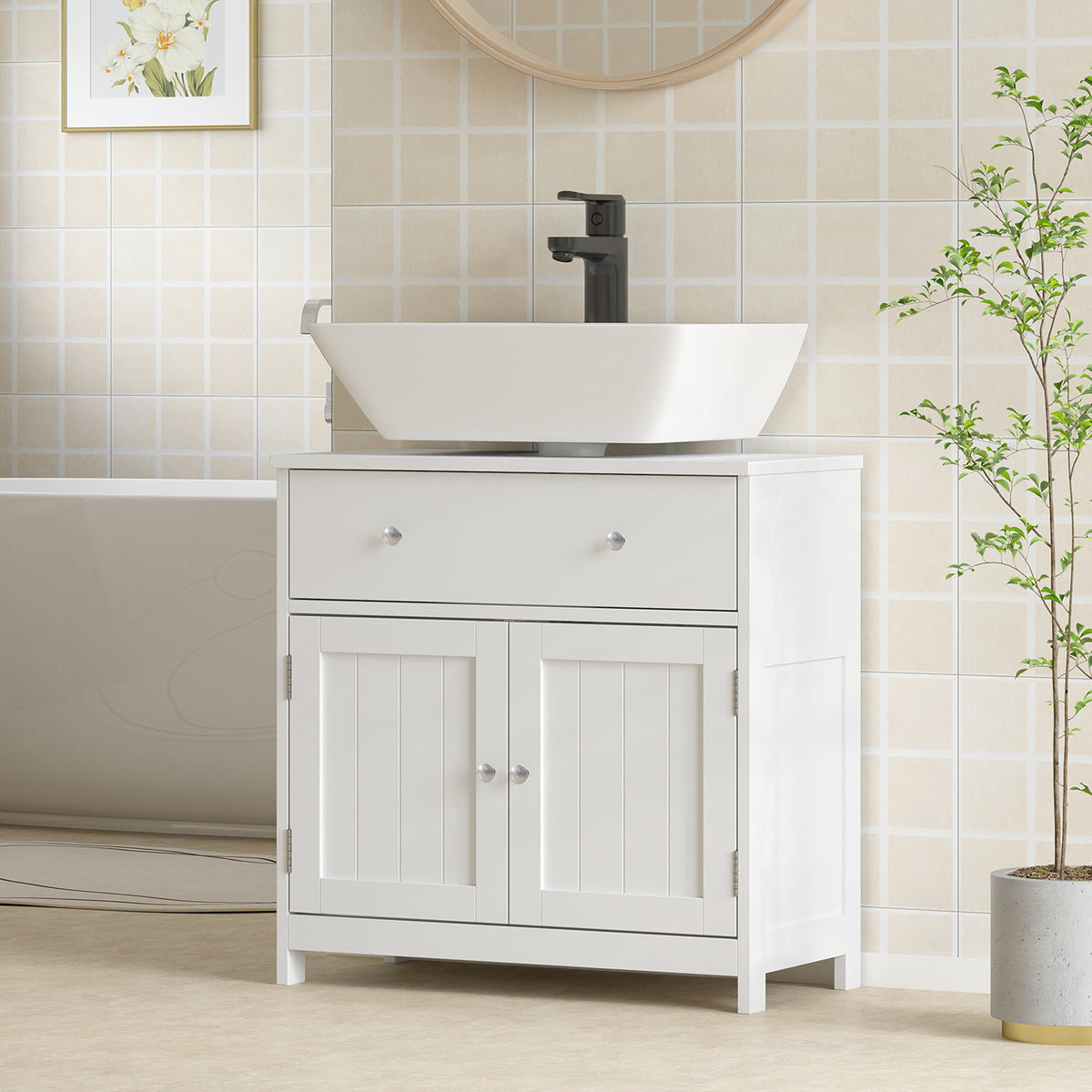 23.6" Modern Bathroom Vanity Cabinet, Freestanding Under Sink Cabinet with Drawer and 2 Doors, U-Shape Cutout for Pedestal Sink, White