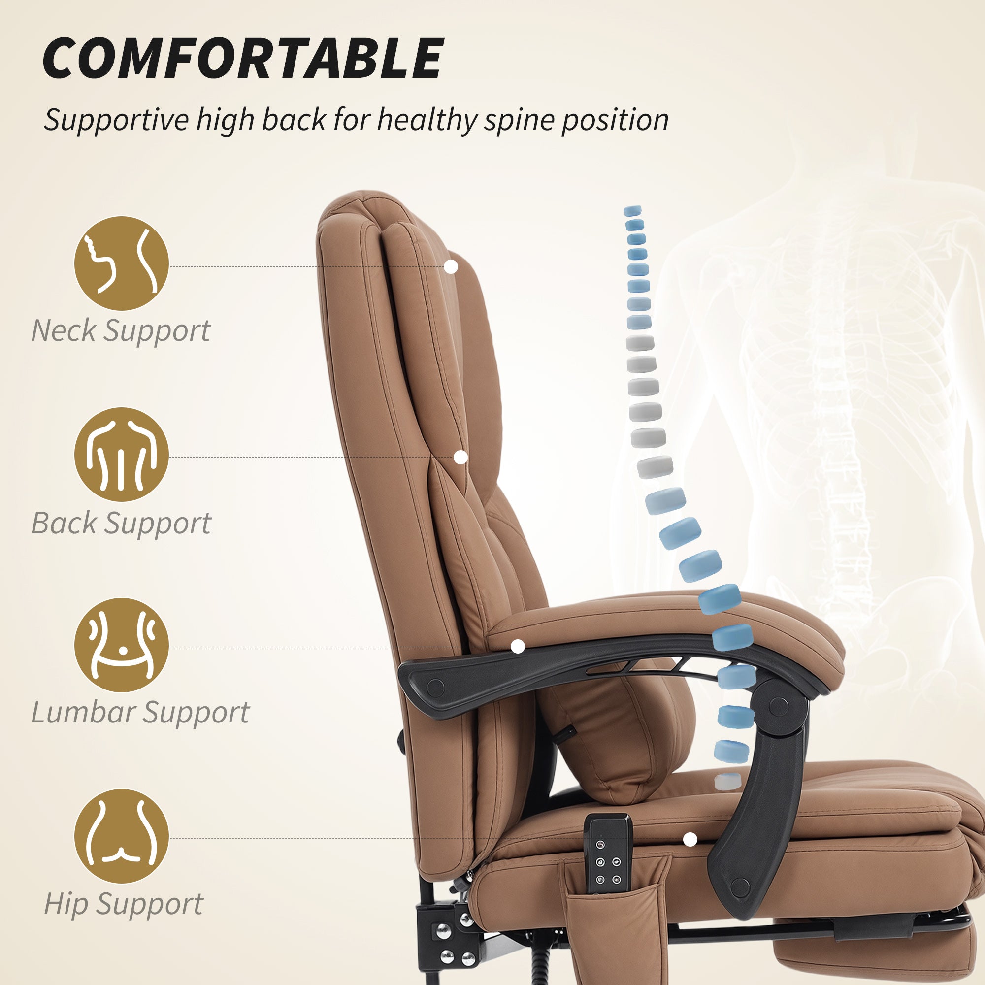 Massage Office Chair with 6 Vibration Points, Pet-Friendly Faux Leather, Reclining Desk Chair with Lumbar Support, Footrest, Adjustable Height, Swivel Wheels, Remote, Brown