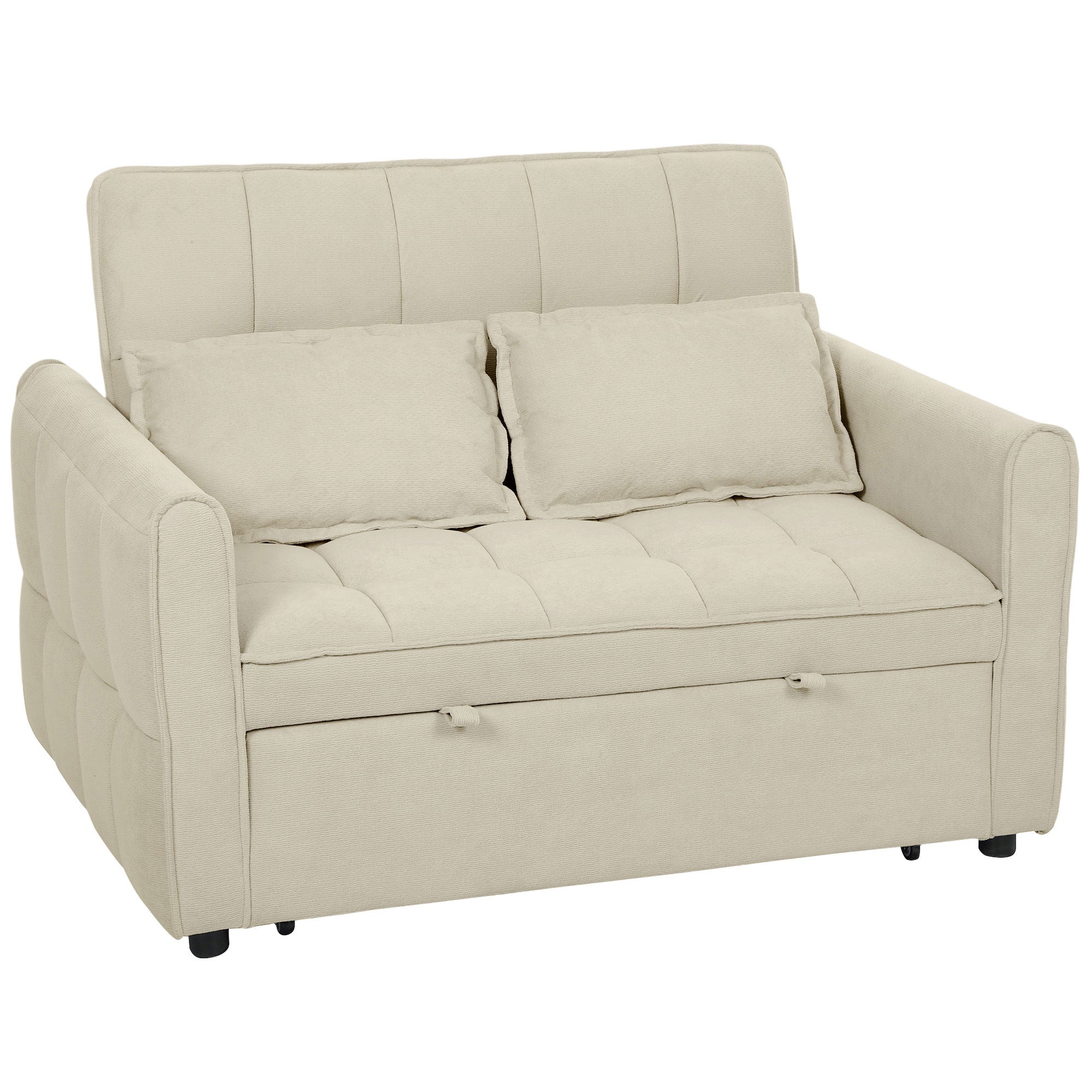 2 Seater Sofa Bed, 3-in-1 Convertible Sleeper Sofa with Click-clack Adjustable Backrest and 2 Pillows, Pull Out Corn Velvet-feel Fabric Bed Settee for Living Room, Guest Room, Light Brown