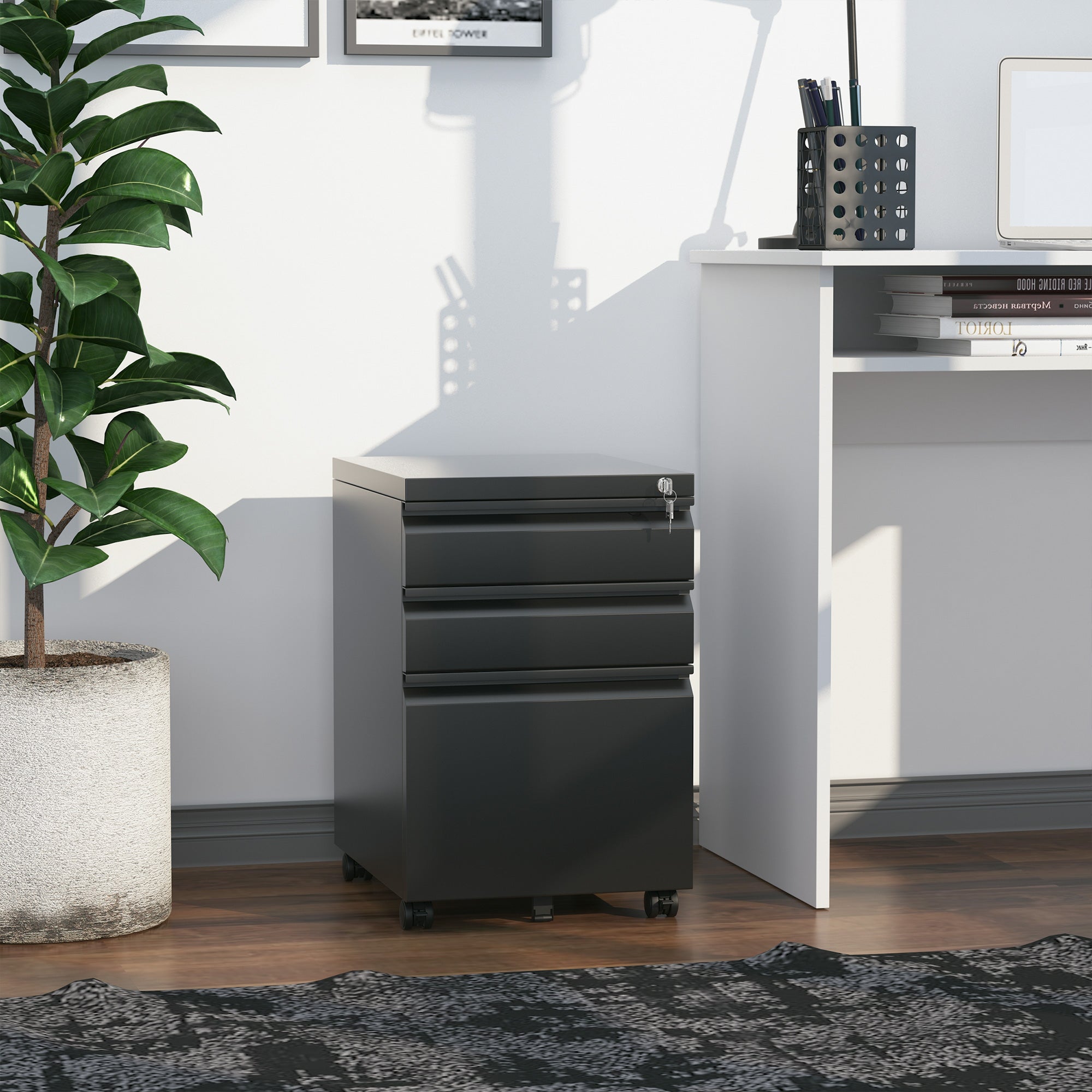 Vinsetto Mobile Vertical File Cabinet Lockable Metal Filling Cabinet with 3 Drawers Anti-tilt Design for Letter A4 Legal Size Fully Assembled Except Casters Black